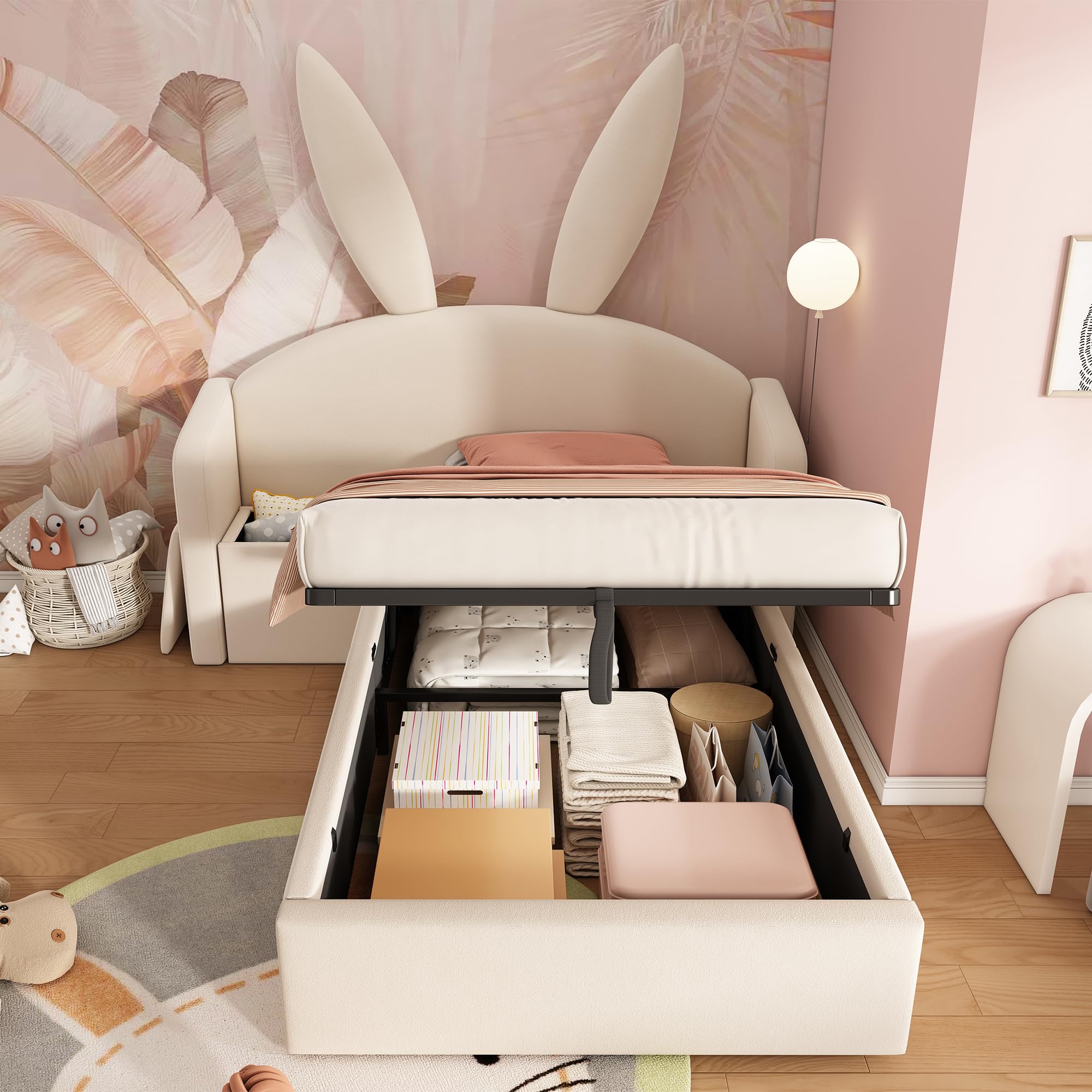 Estructura de Cama Tapizada 90x190cm Cama Individual Canape Hidraulico con Mesilla Integrada Mueble Dormitorio Base de Cama Somier Madera Almacenamiento Terciopelo Beige Juvenil