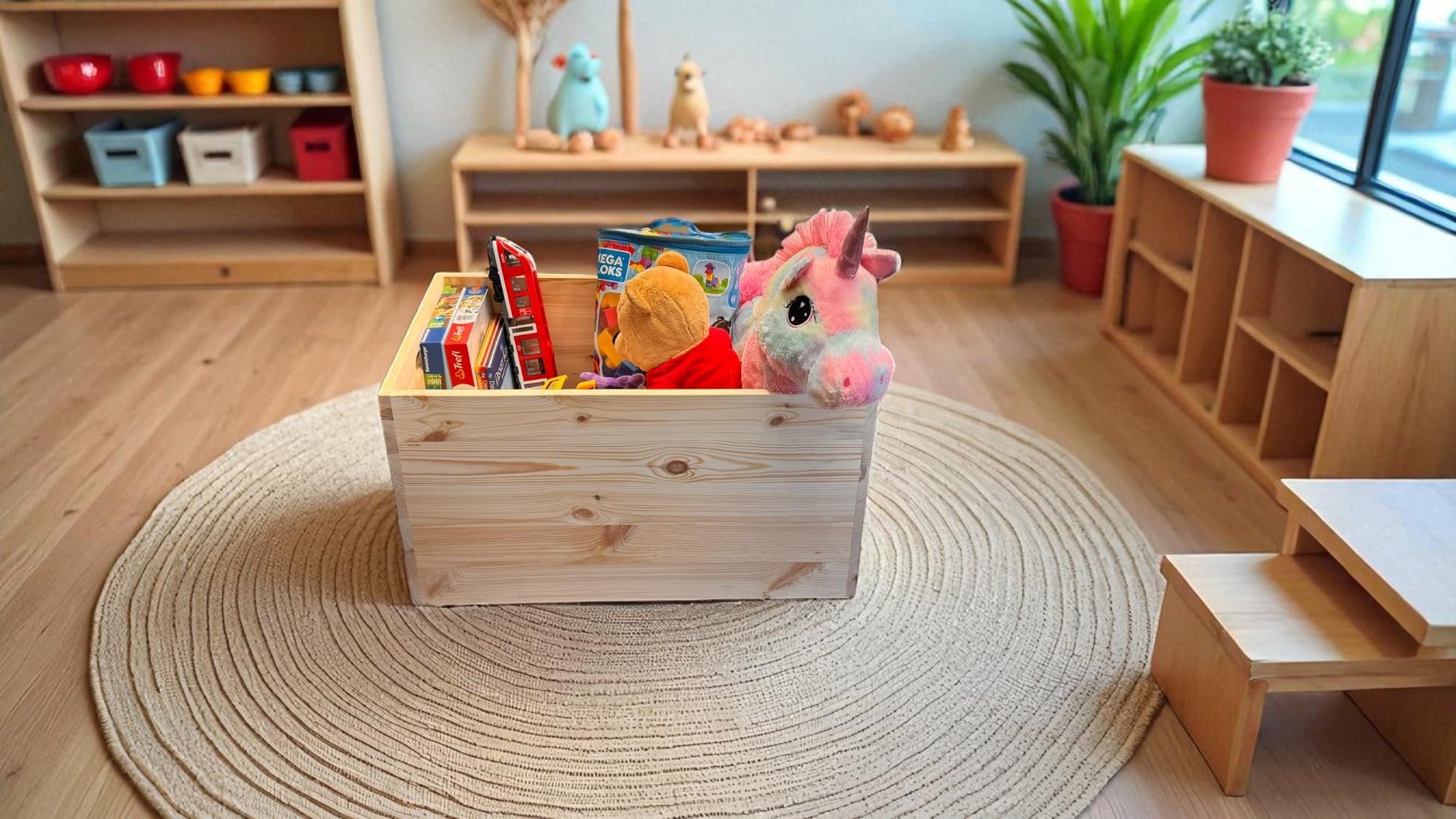 weeco Holz-Aufbewahrungstruhe mit Rollen, 73×45×40 cm, Kiefernholz, unbehandelt, Multifunktionale Lagerkiste für Kaminholz, Decken & Wohnaccessoires