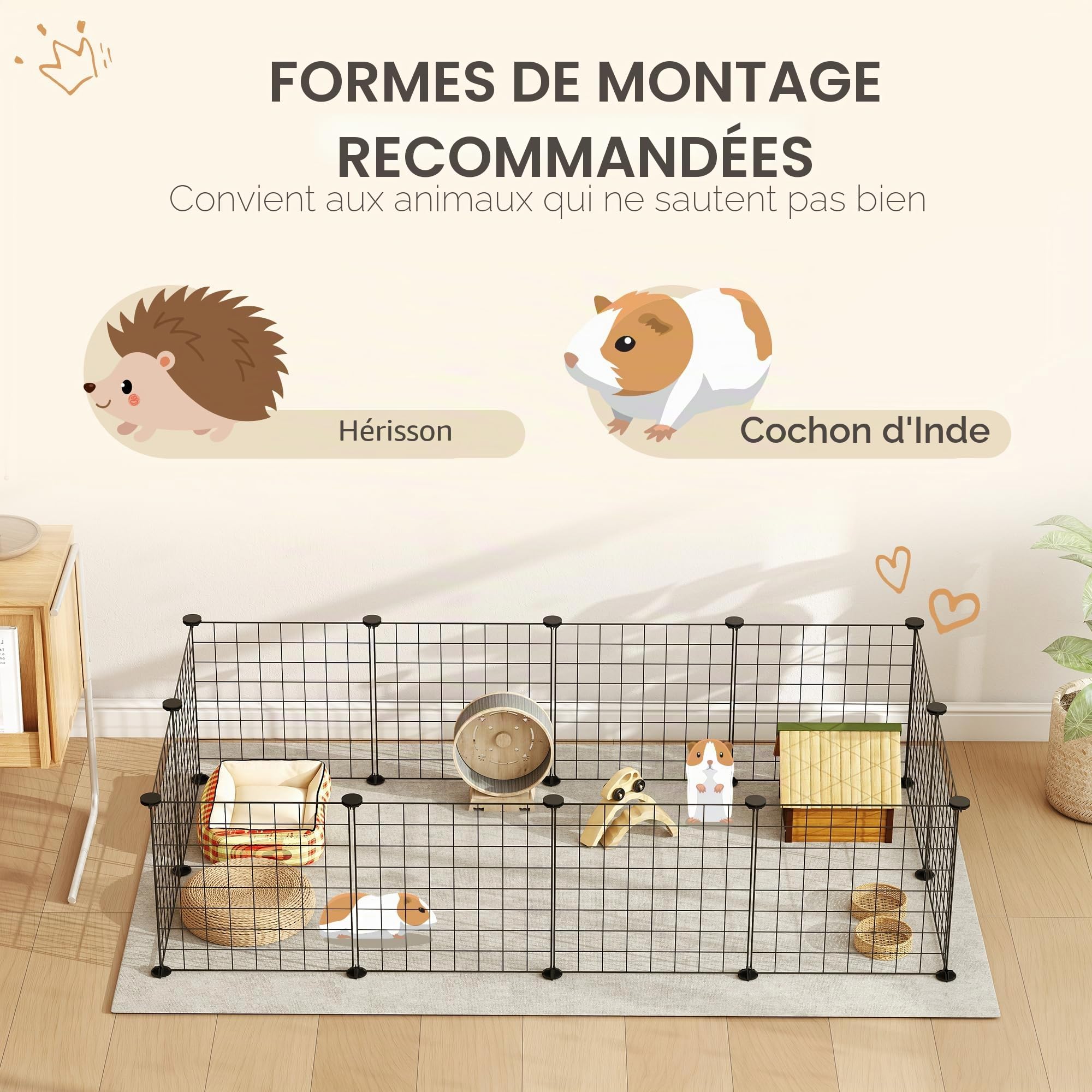 Pawhut Clôture métallique pour Animaux de Compagnie avec 12 Panneaux Parc métallique pour Petits Animaux Amovible Design Bricolage Noir 106 x 73 x 36 cm