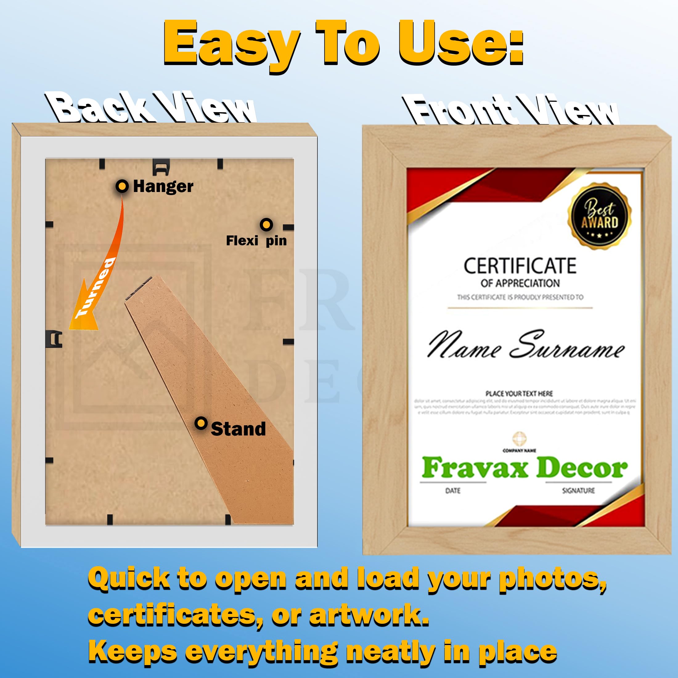 FRAVAX Decor A4 Certificate Frame Set of 10 | Dual Display Use – Wall & Tabletop | Vertical & Horizontal Orientation | Premium Natural Wood Finish | 0.5 mm Unbreakable Acrylic Front | For Certificates, Degrees, Awards & Photos 3