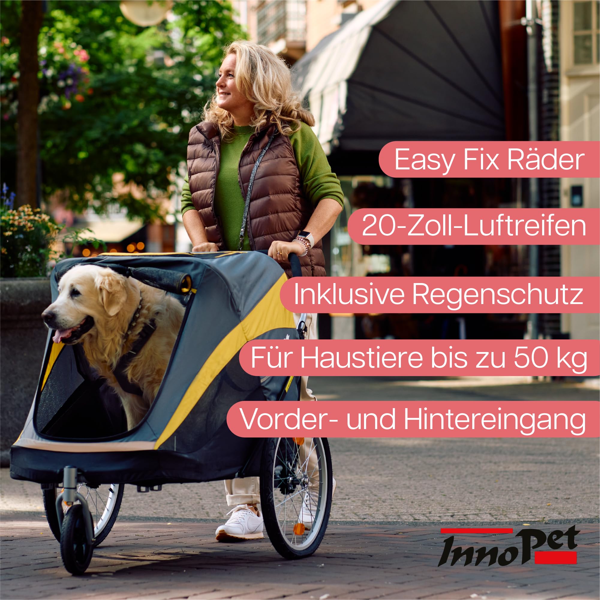 Großer Hundewagen - Innopet Hercules 2.0 Gelb/Grau - Heavy Duty Buggy Rahmen bis 50kg belastbar -inkl. Regenschutz - hintere 45cm Luftreifen/vorne pannensicheres EFA Rad - ohne Werkzeug aufzubauen
