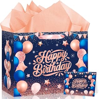 Wauprant 네이비 블루 생일 선물 가방 라지 네이비 블루 및 로즈 골드 생일 축하 선물 포장 가방 티슈 페이퍼 인사말 카드 포함 여성용 기념일 파티 선물 성인용 포장 가방 용품