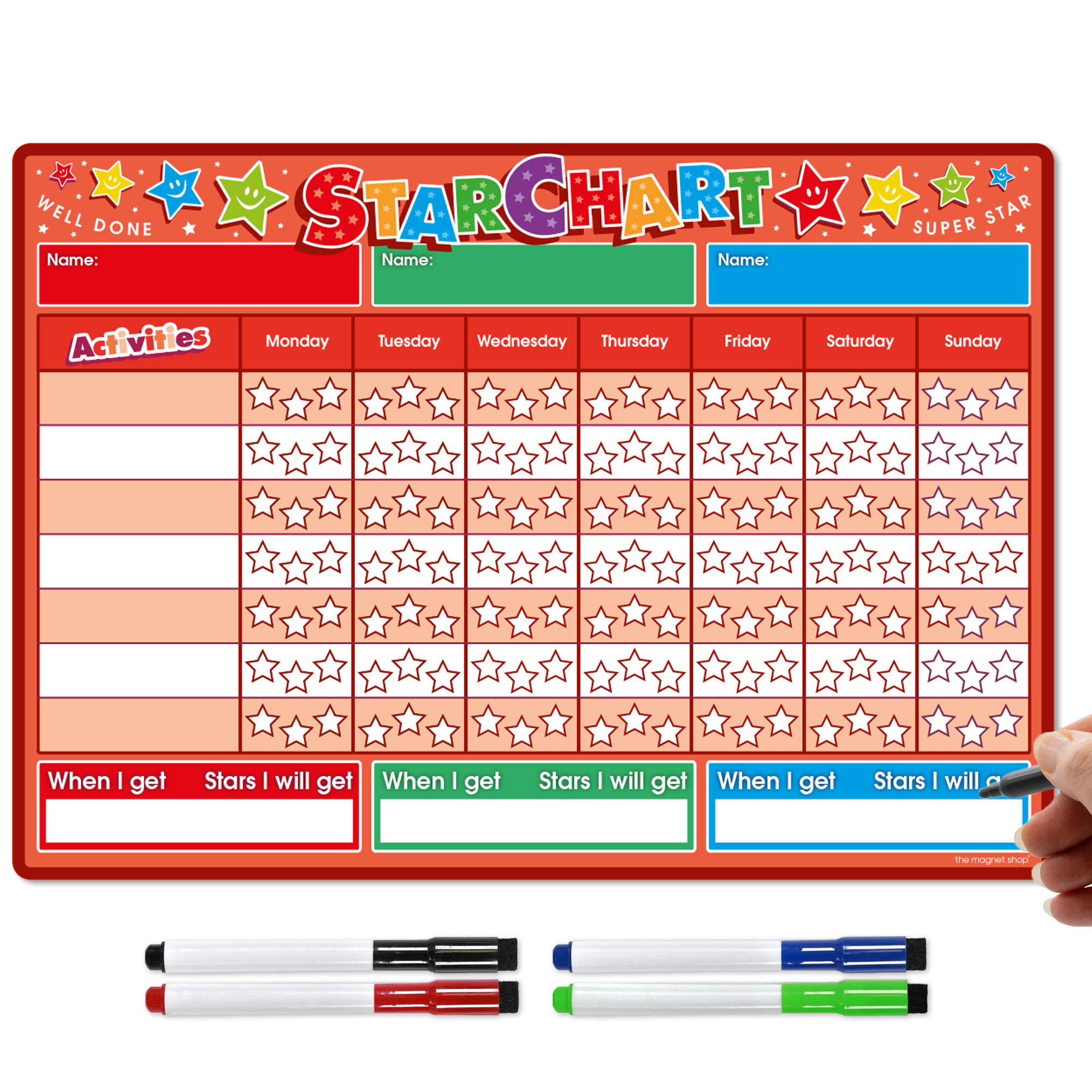 The Magnet Shop Reward Chart for Children - Magnetic Star Chart for Recognising and Inspiring Good Behaviour in Toddlers and Kids, Boys and Girls. Comes with 4 Magnetic Coloured Dry Wipe Pens (Red)