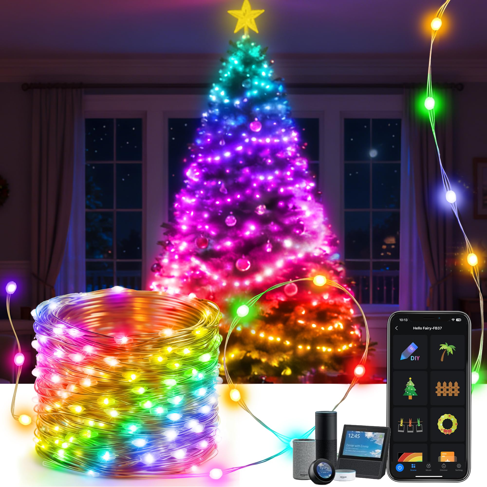 Aoycocr 66FT 132 LEDs WiFi Smart Christmas Tree Lights Alexa Voice Controlled RGB Fairy Lights with App Music