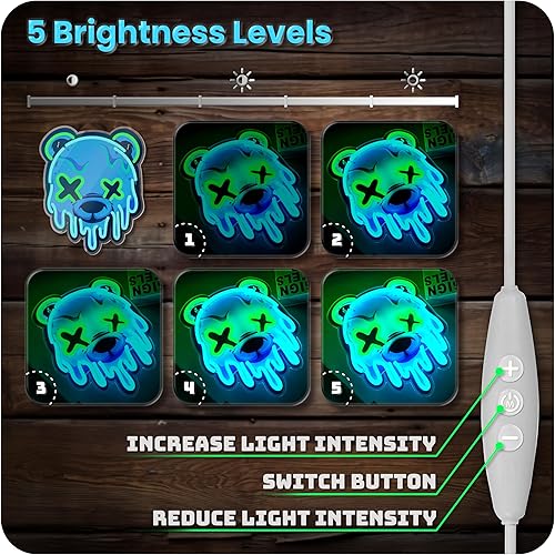 Miniatura 4 de Letrero de neón de oso de hielo, letrero LED genial para decoración de pared, alimentado por USB, luz LED de oso de anime de brillo ajustable para