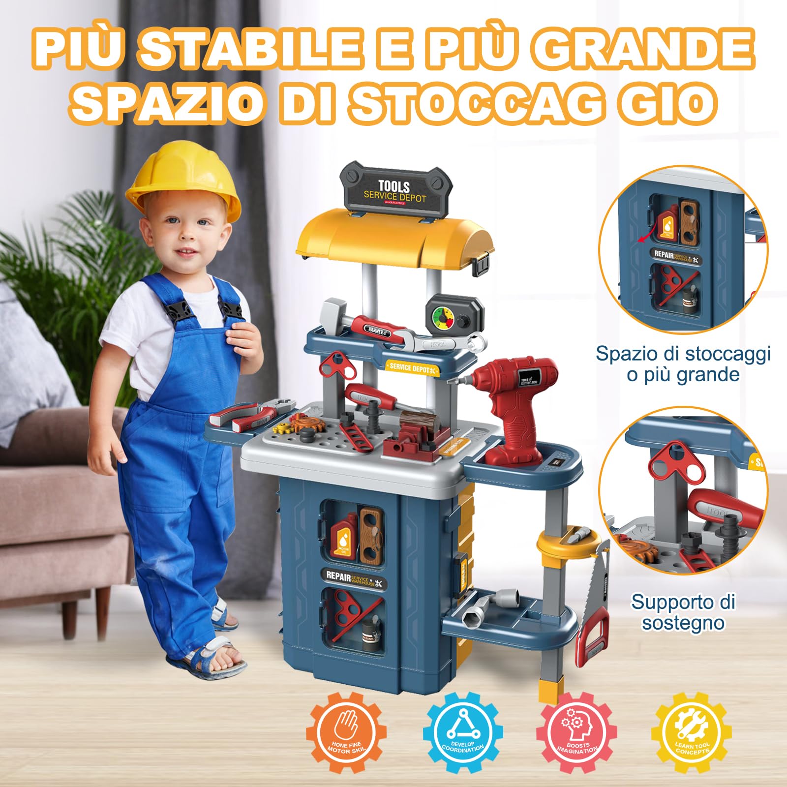 JONRRYIN Banco da Lavoro per Bambini, 46 Pezzi Cassetta Attrezzi Bambini, Attrezzi Costruzioni Giochi con Martello Cacciavite Trapano Elettrico, Giochi Imitazione Educativi, Idea Regalo