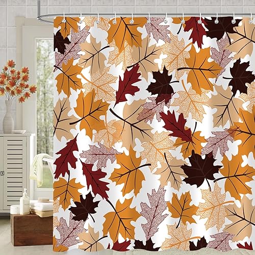 Miniatura 8 de Cortina de ducha de calabaza de otoño, hojas de arce otoñales, acuarela floral, cosecha, cortinas de baño bohemias con ganchos para decoración de