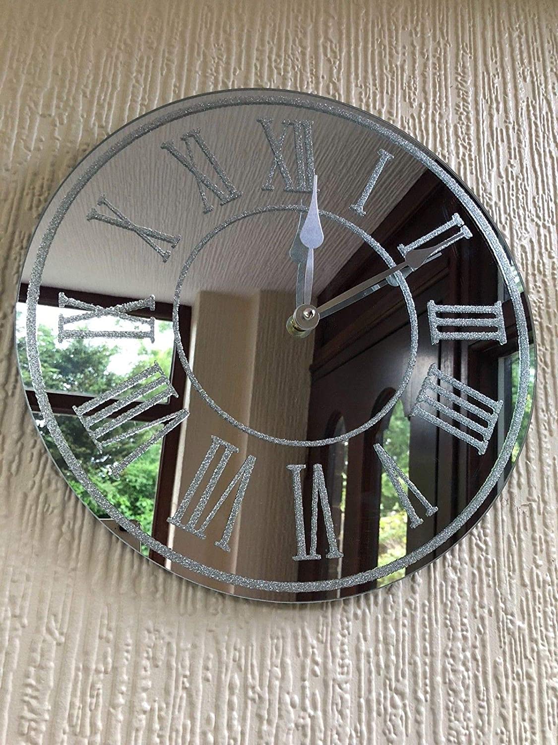 Biznest Silver Round Sparkle Glitter Mirrored Wall Clock Roman Number Glass Wall Clock New