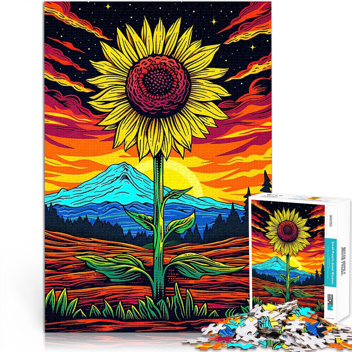 Psychedelic Sunflower SunsetPuzzle for Adults 2000 Pieces educational challenge with Fully Interlocking Randomly Shaped Pieces 70x100cm
