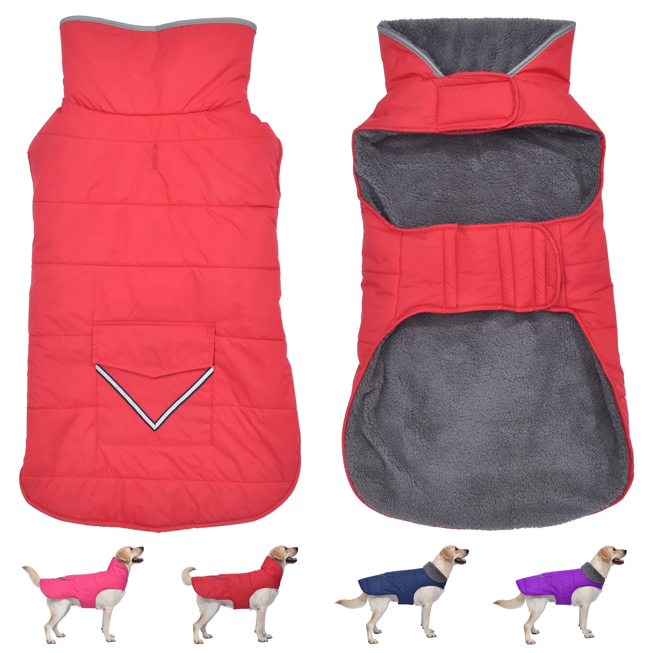 Dog Coat, Waterproof Dog Winter Jacket with Pocket, Reflective Adjustable Dog Snow Vest, Warm Cozy Fleece Sweater for Small Medium Extra Large Dogs - Red, XS