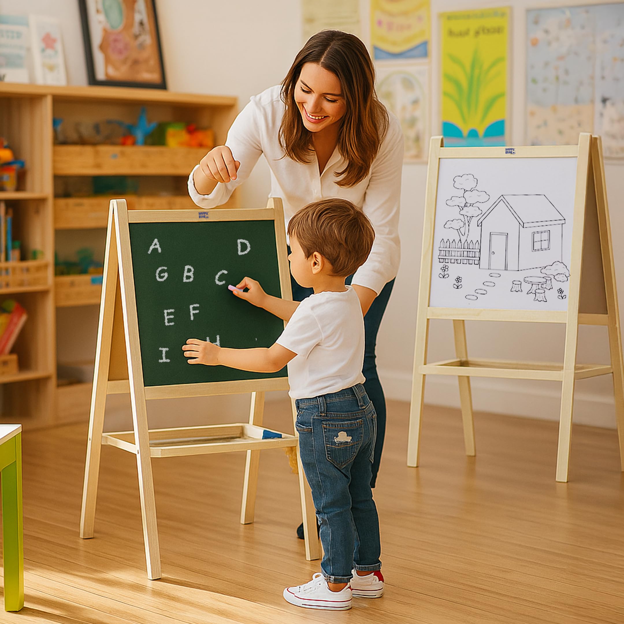 Happy Bear 2 in 1 Wooden White Dry Erase Easel Board and Chalkboard with Mark...