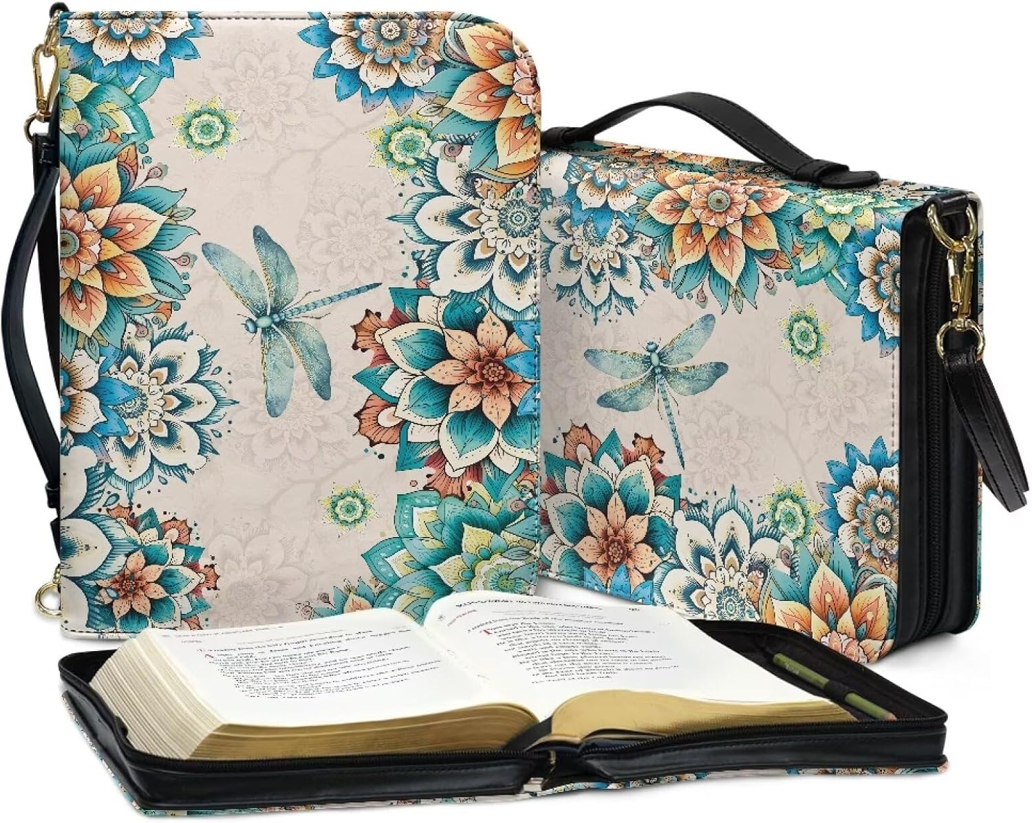 Boho Mandala Floral Blue Dragonfly Print Leather Bible Cover for Women Men Bible Tote Bag for Kids Bible Book Cover with Detachable Strap,M image 4