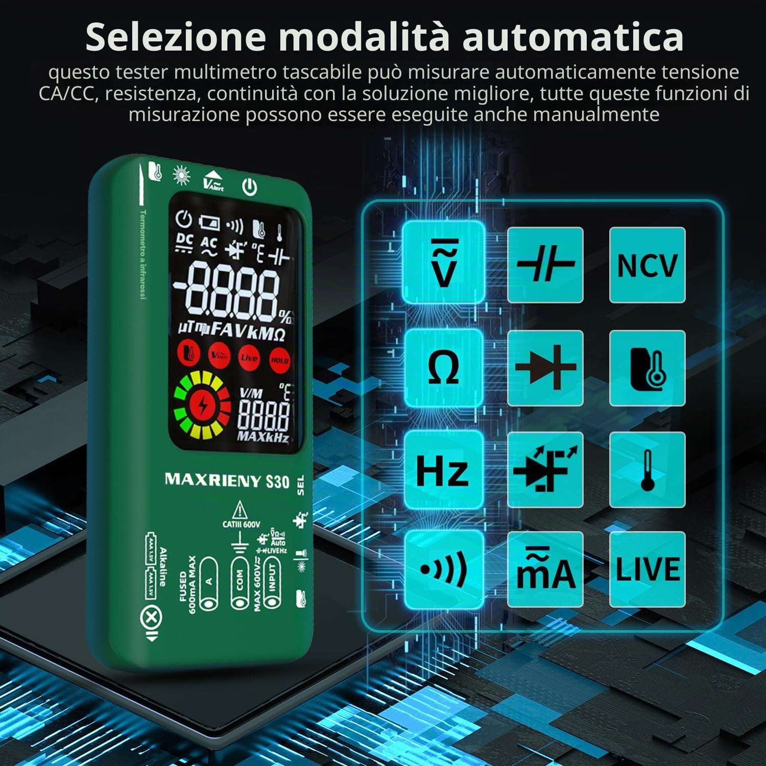 Multimetro Digitale Termometro a Infrarossi Ricaricabile Voltmetro Intelligente 9999 Conteggi Tester di Corrente Elettrica Capacità Diodo Tester di Tensione per LED Automotive Elettronico