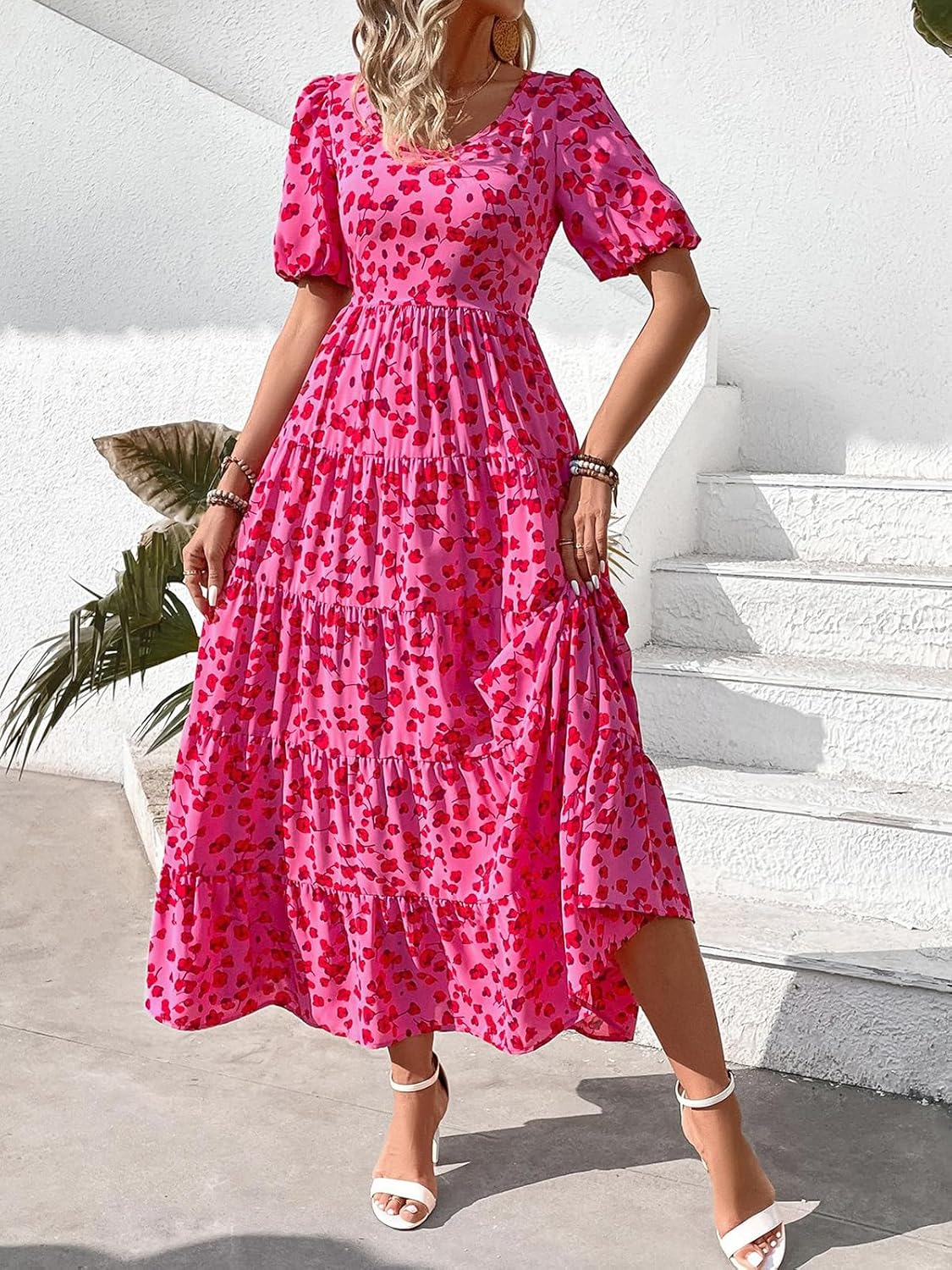 PRETTYGARDEN Puff Short Sleeve Cewneck Floral Long Fall Dresses for Women 2025 Flowy Tiered Hem Maxi Wedding Guest Dress - Image 6