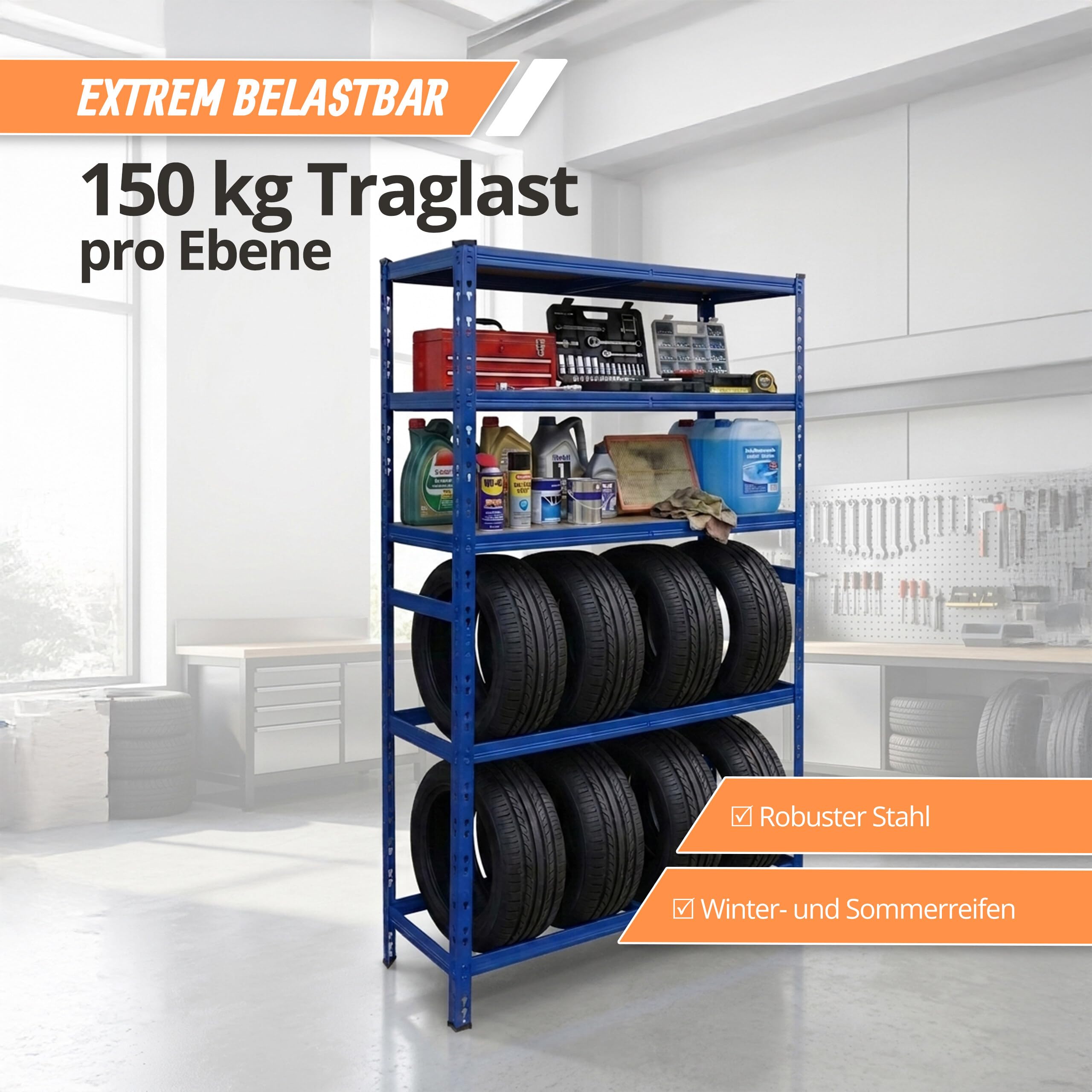 Relaxdays Reifenregal für 8 Reifen, HxBxT 210 x 110 x 40 cm, 750 kg, Stahl, Stecksystem, Reifenlager Werkstatt, blau