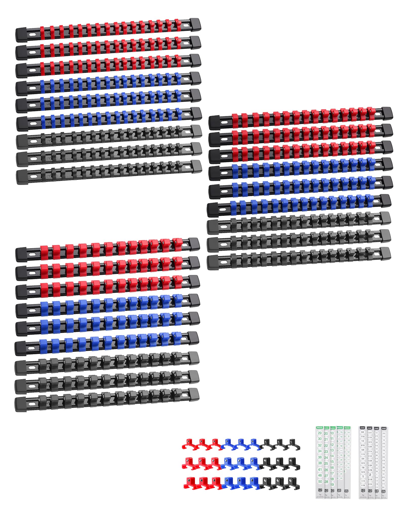 ALOANES 27 PC ABS Socket Organizer, 1/2 inch, 3/8 inch and 1/4 inch Drive Socket Rail Holders, Heavy Duty Socket Racks, Black Rails with Red, Blue and Black Clips
