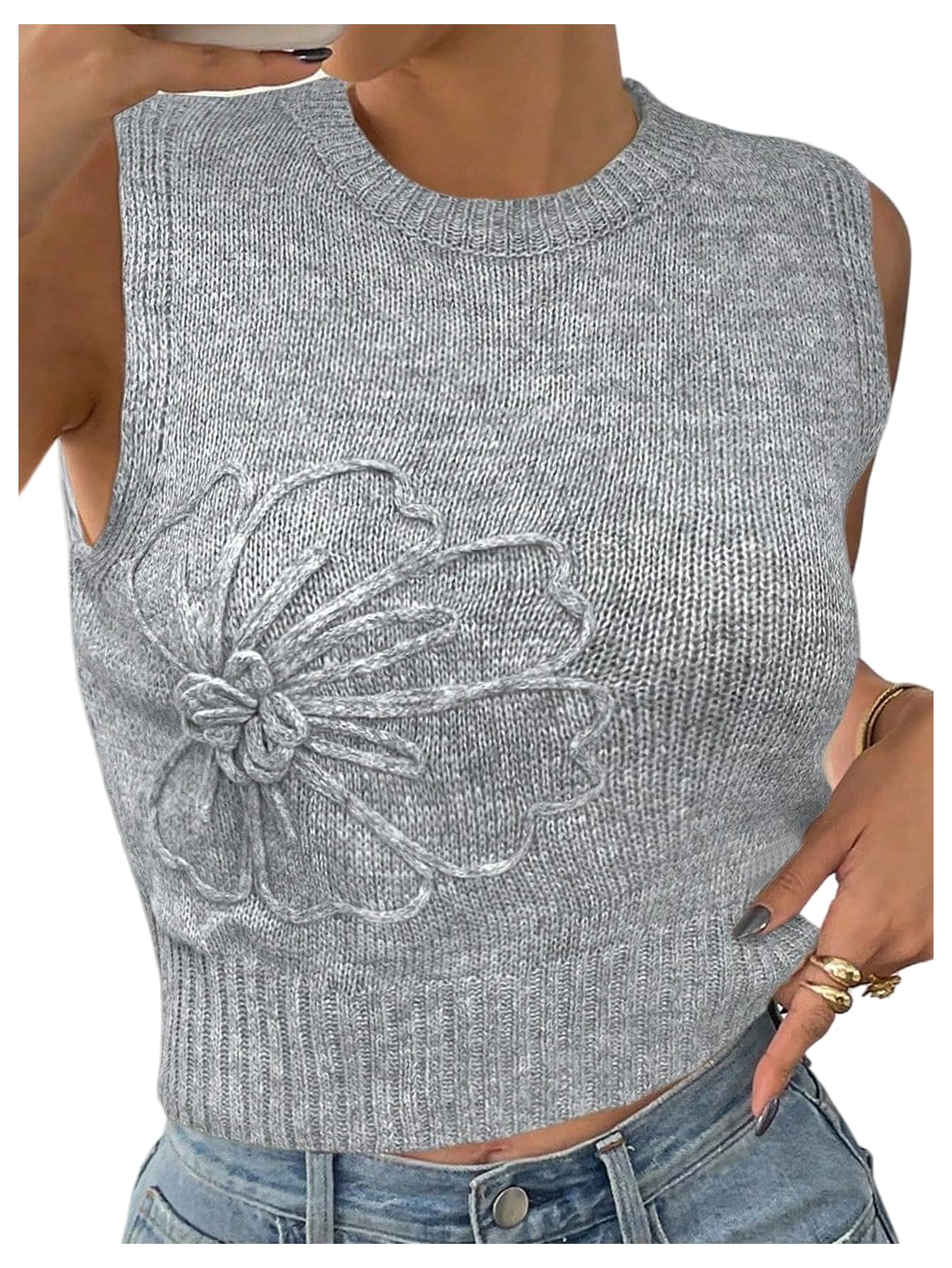 Floerns Womens Floral Sleeveless Sweater Vest Crew Neck Knitted Pullover Tops
