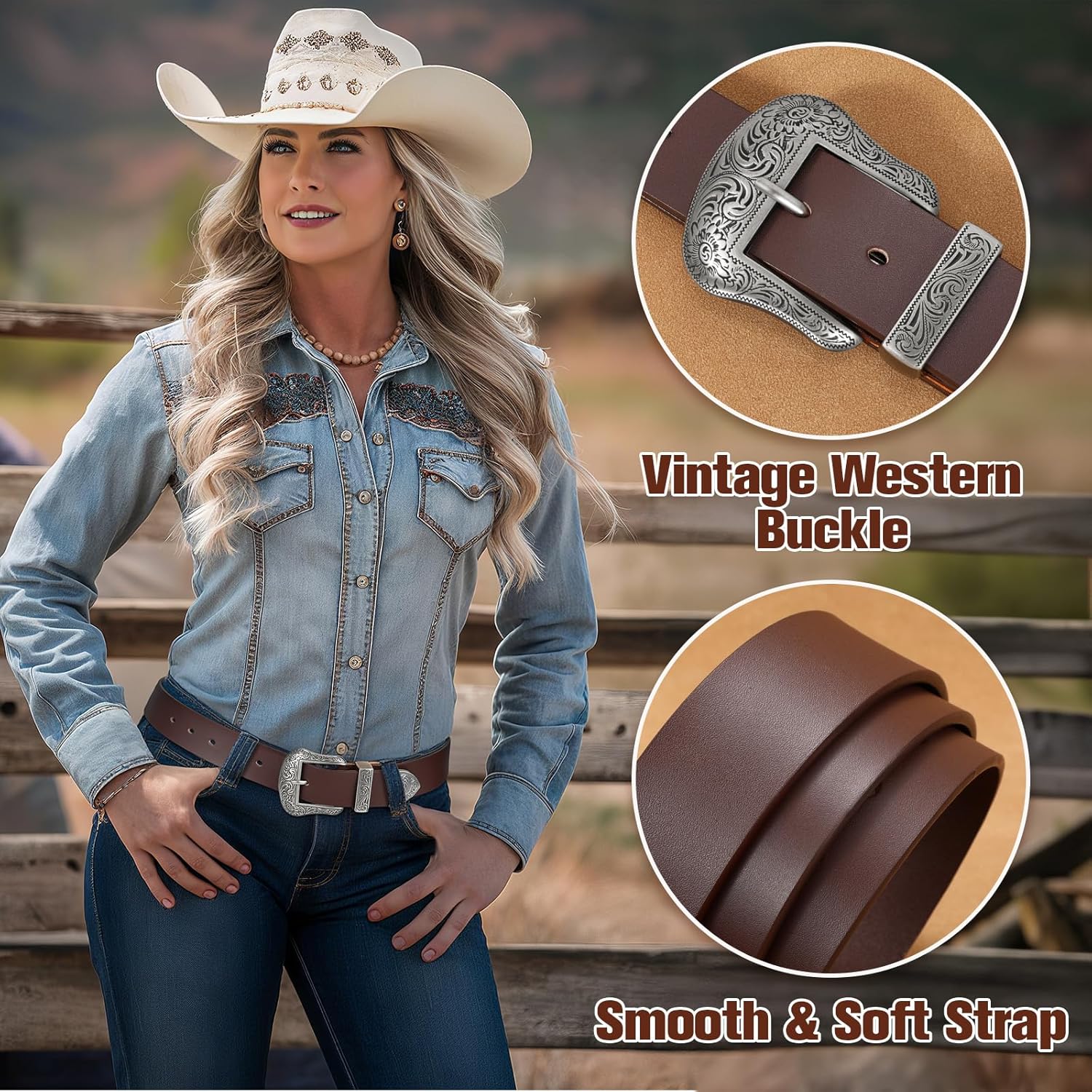 BELTROAD Cowboy Cowgirl Belts for Women Men Western Belts for Woman Country Belt for Pants Dresses with Vintage Buckle - Image 3
