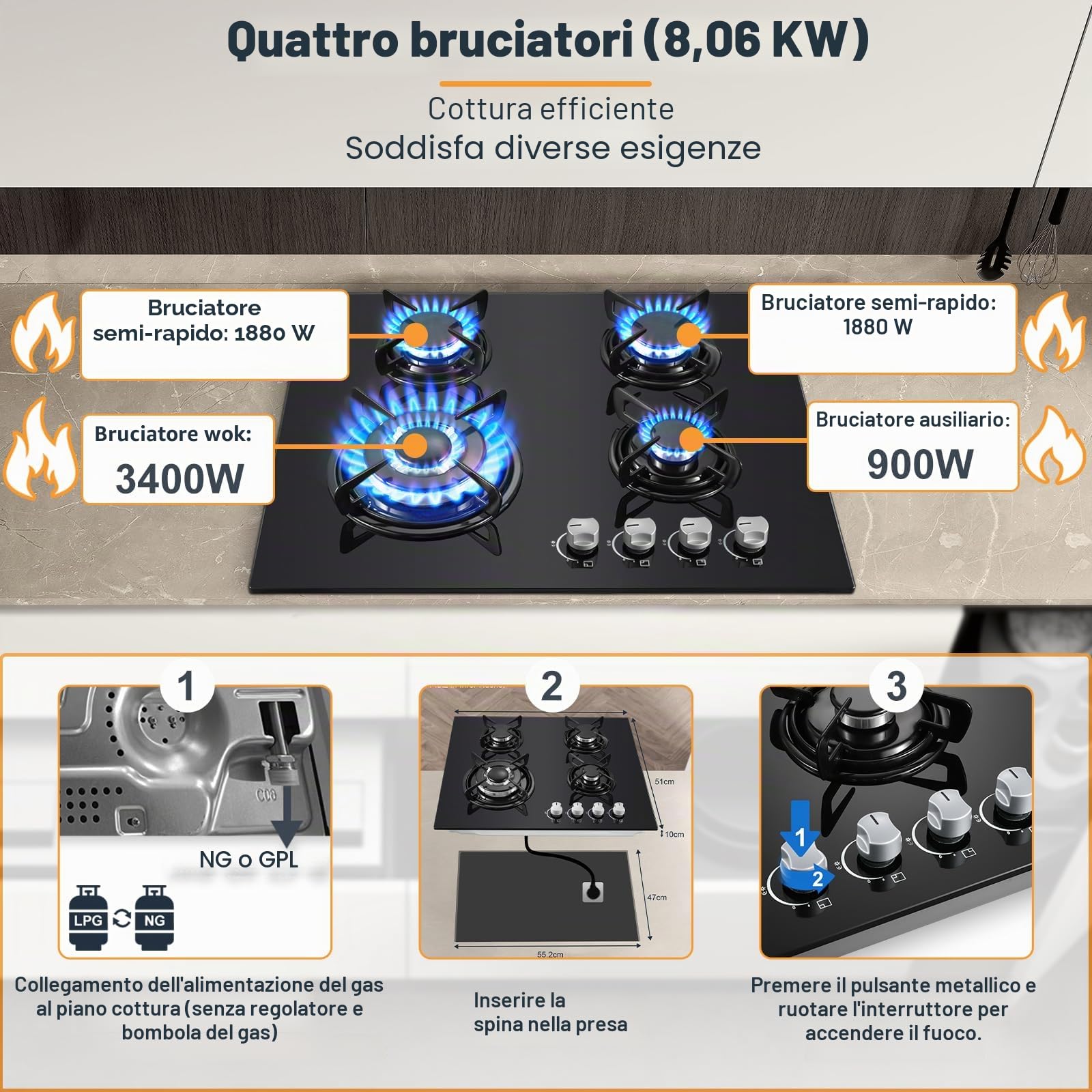 TopStrong Piano Cottura 4 Fuochi Gas, Piano Cottura Gas Vetro Incasso, Protezione Flame-Out, Gas Naturale/Propano, 8060W, Nero, 220-240V