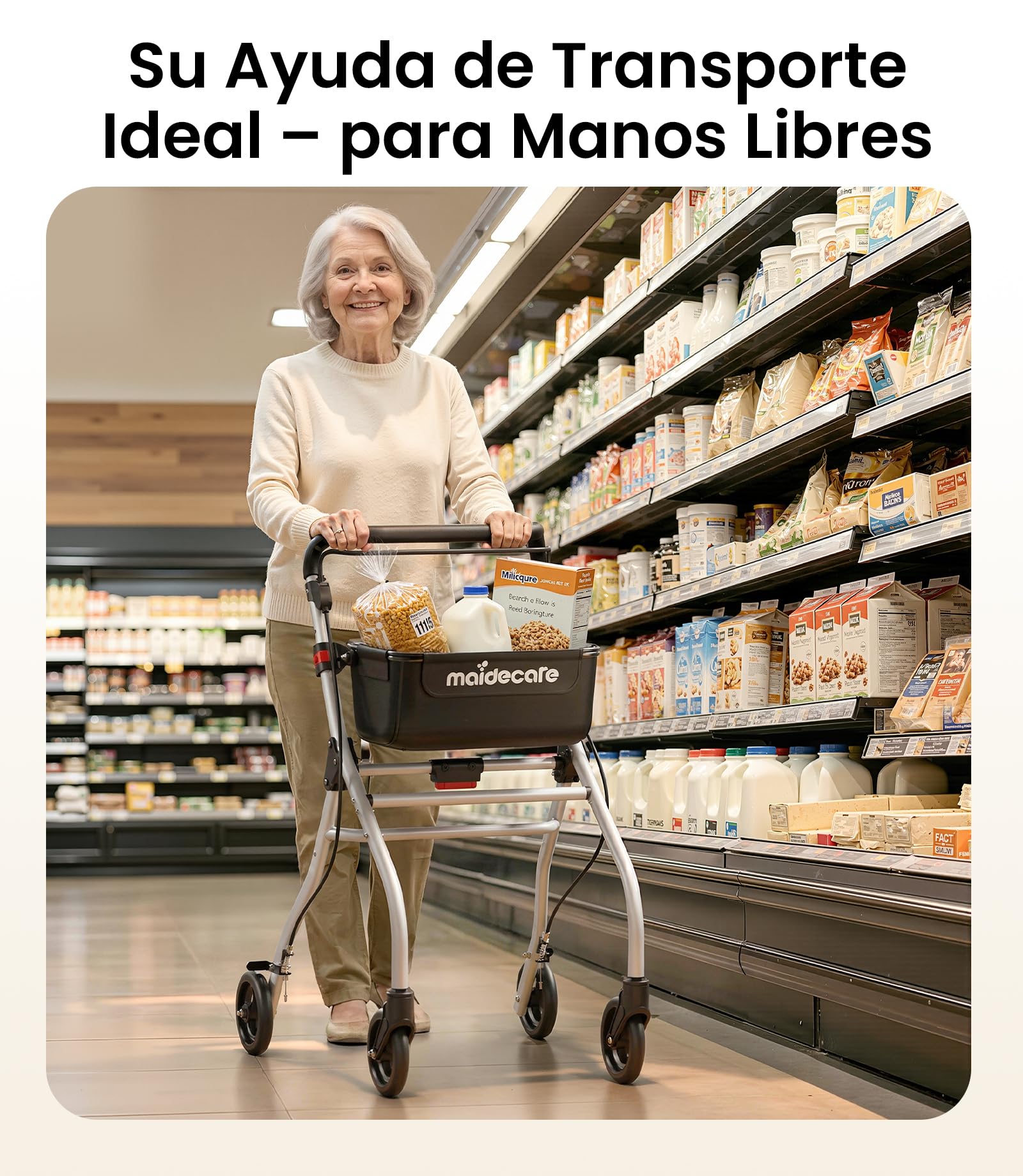 Andador para Ancianos, Andador Plegable con Asiento para Personas Mayores, Estrecho para Apartamento, Modelo de Interior Plegable y Ligero con Bandeja y Bolsa de Tela, 4 ruedas, Aluminio, Blanco