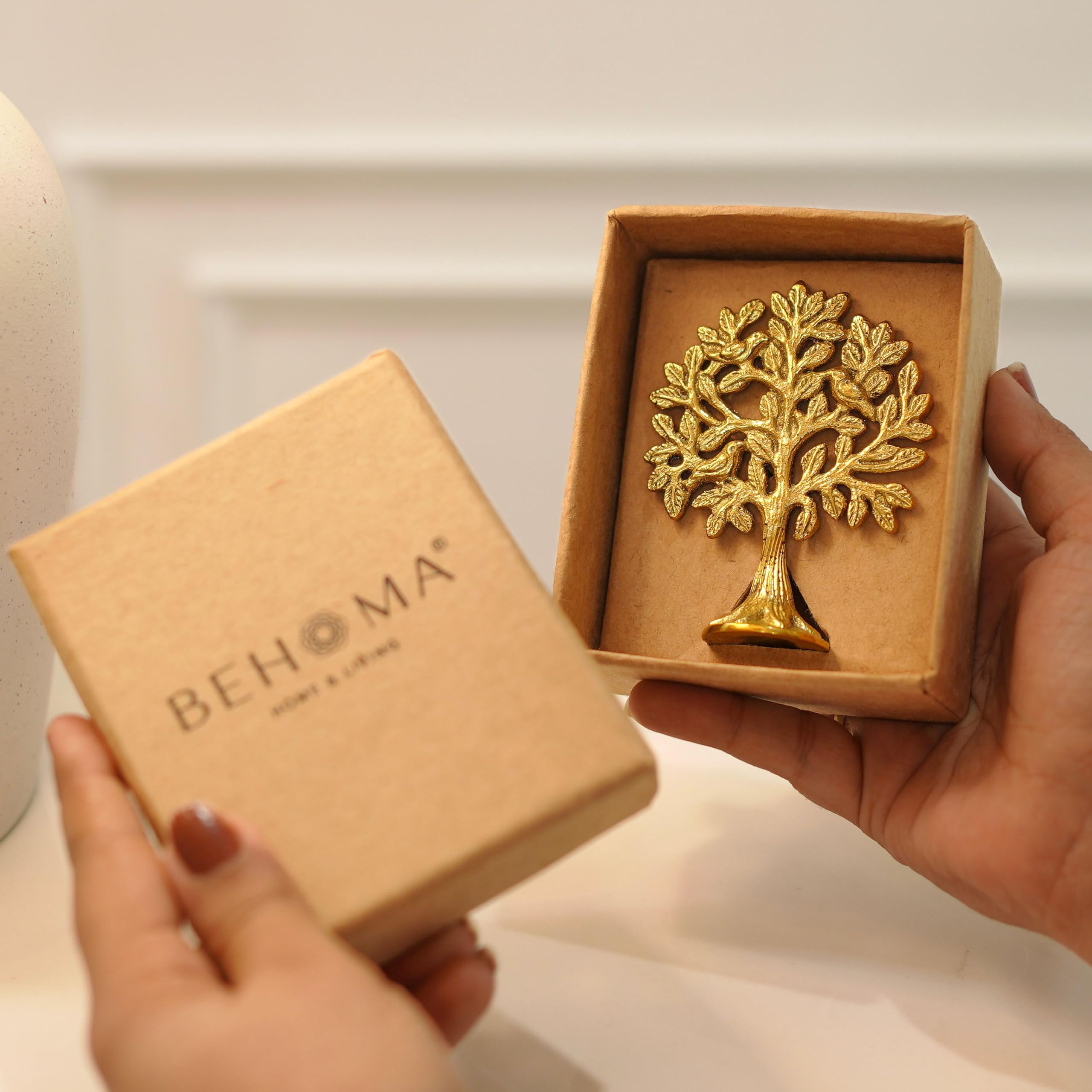 BEHOMA 100% Pure Brass Kalpvriksh Tree with Birds Good Luck Gift 8.5 cm | Tree of Life Showpiece for Table Decor | kalpvriksha Vastu & Fengshui Decor, Home & Puja Temple Ornament (Golden) discount deal