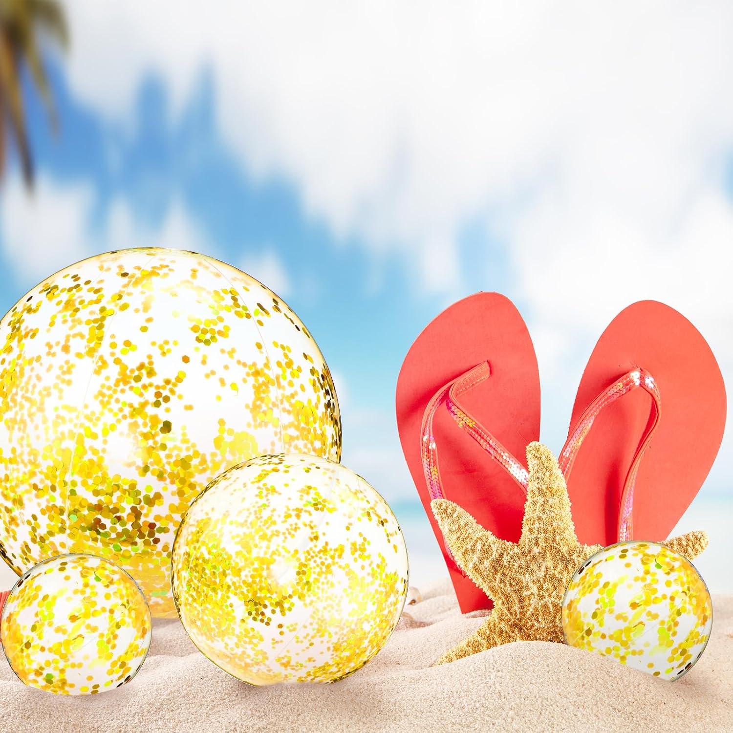 Sratte 20 Pcs Inflatable Beach Balls Multi Sizes,Clear, Gold,Sequin image 4