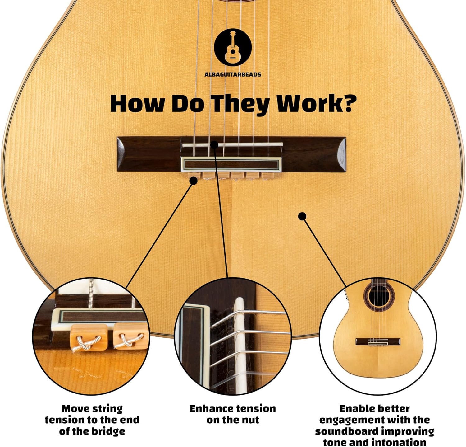 Classical Guitar Bridge Beads – Light Wood Pattern Tie Blocks for Nylon & Carbon Strings – Fits Flamenco Guitars – Alba GB
