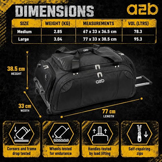 A2B Large 30 Wheeled Holdall Rolling Duffle Bag with Wheels, Black | Rolling Holdall, Lightweight 3.0 kg, Travel Festival Sport Gym Cricket Trolley Duffel Bag on Wheels AB005