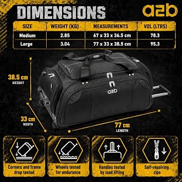 A2B Large 30 Wheeled Holdall Rolling Duffle Bag with Wheels, Black | Rolling Holdall, Lightweight 3.0 kg, Travel Festival Sport Gym Cricket Trolley Duffel Bag on Wheels AB005