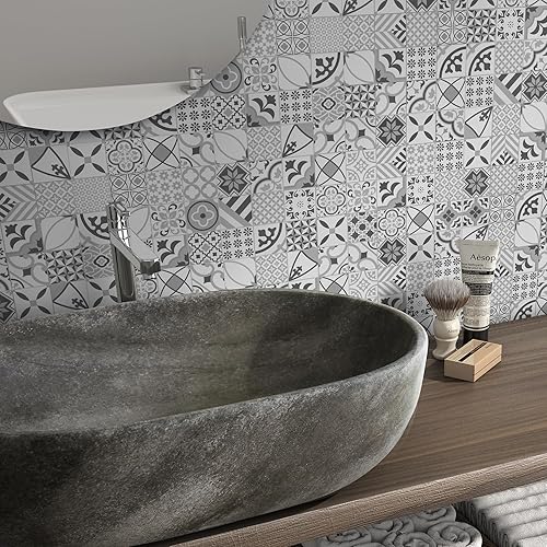 Miniatura 7 de Azulejo estampado para salpicaduras para cocina, despegar y pegar, azulejos autoadhesivos de compuesto de piedra, mosaico cuadrado para cocina, 9 x