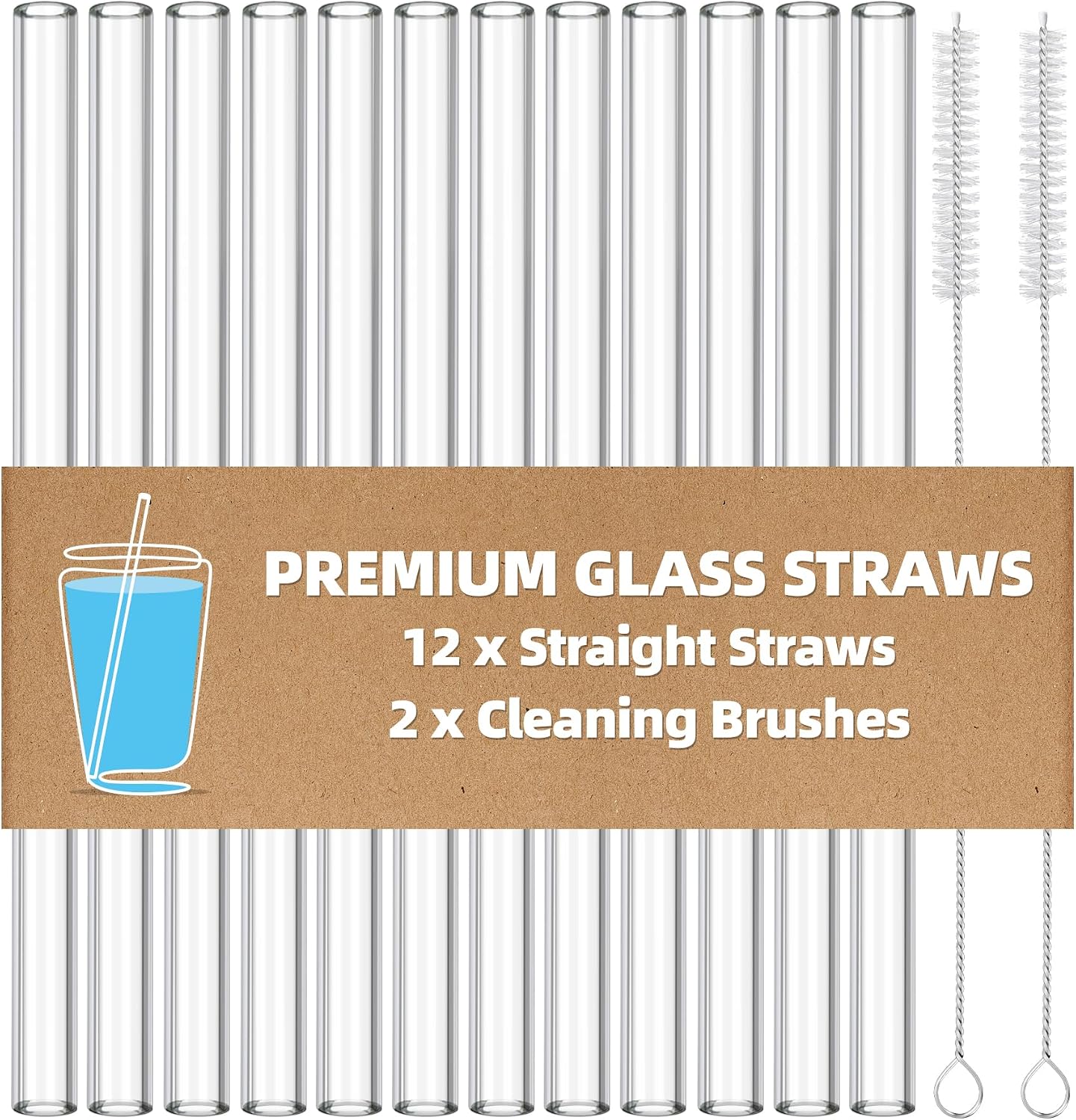 12 Pack Reusable Glass Straw, 8.5" x 10MM Straight Clear Glass Drinking Straws for Hot & Cold Drinks, 2 Cleaning Brushes Included