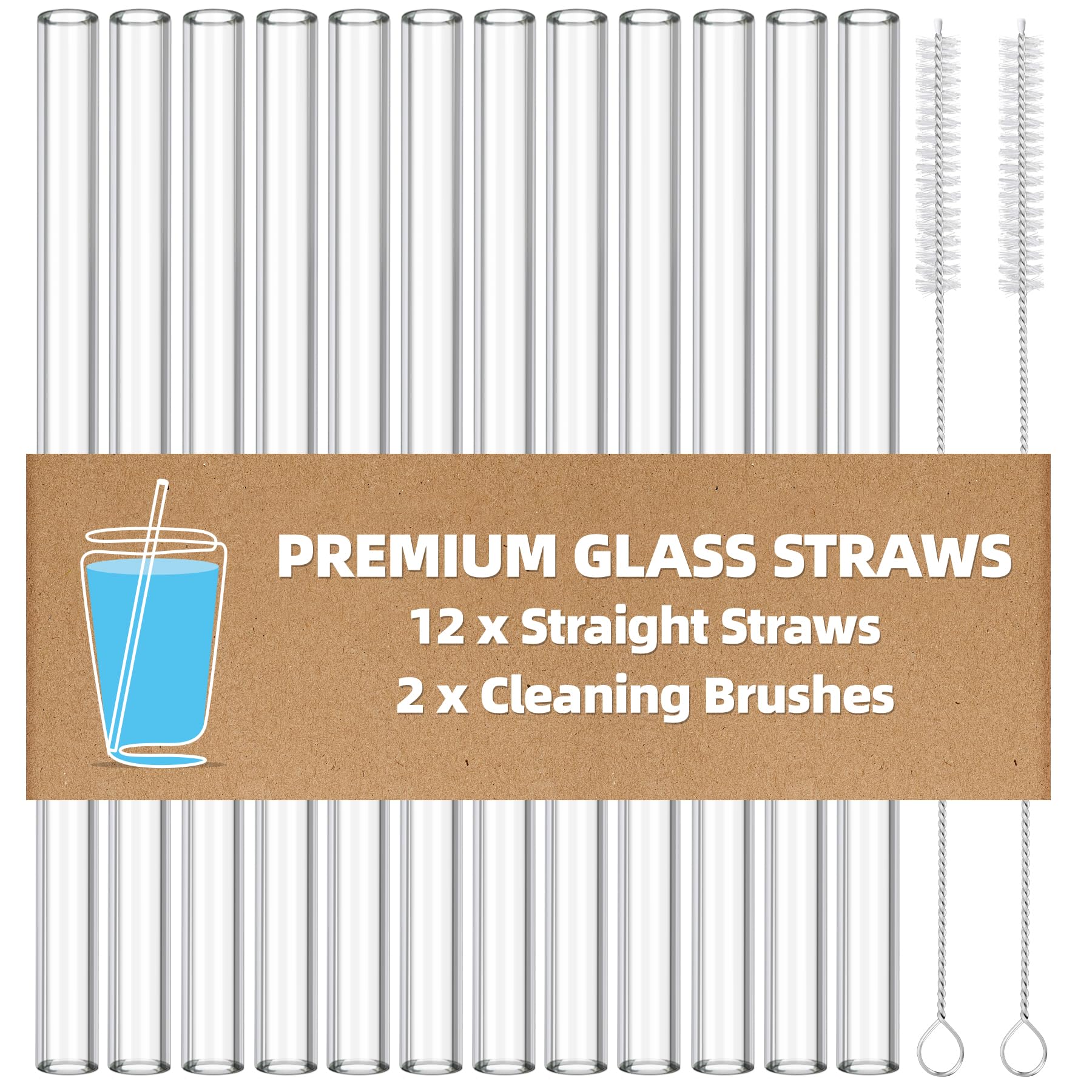 Antner 12 Pack Reusable Glass Straw, 8.5" x 10MM Straight Clear Glass Drinking Straws for Hot & Cold Drinks, 2 Cleaning Brushes Included