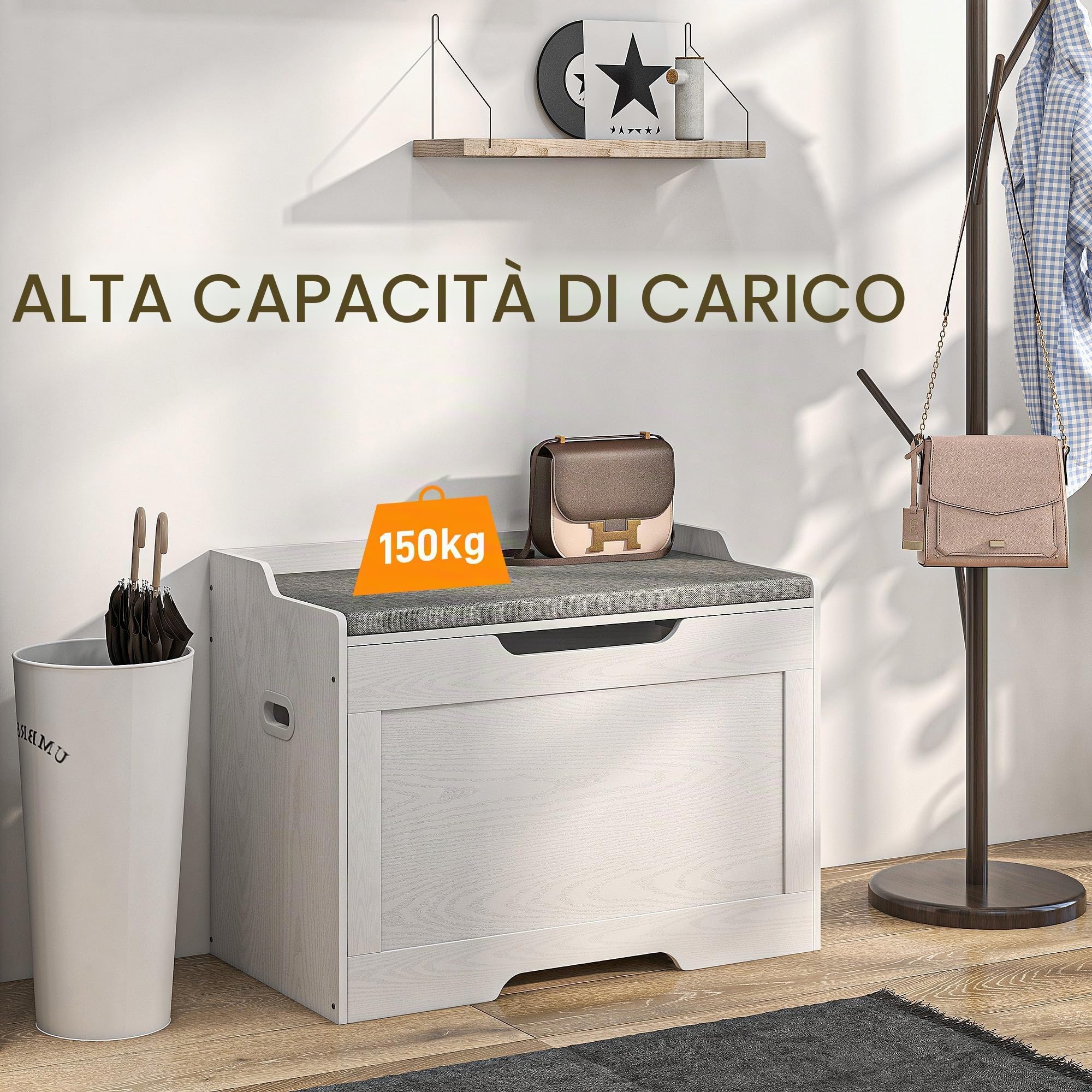 HOMCOM Cassapanca con coperchio portaoggetti 75x40x56 cm Bianco