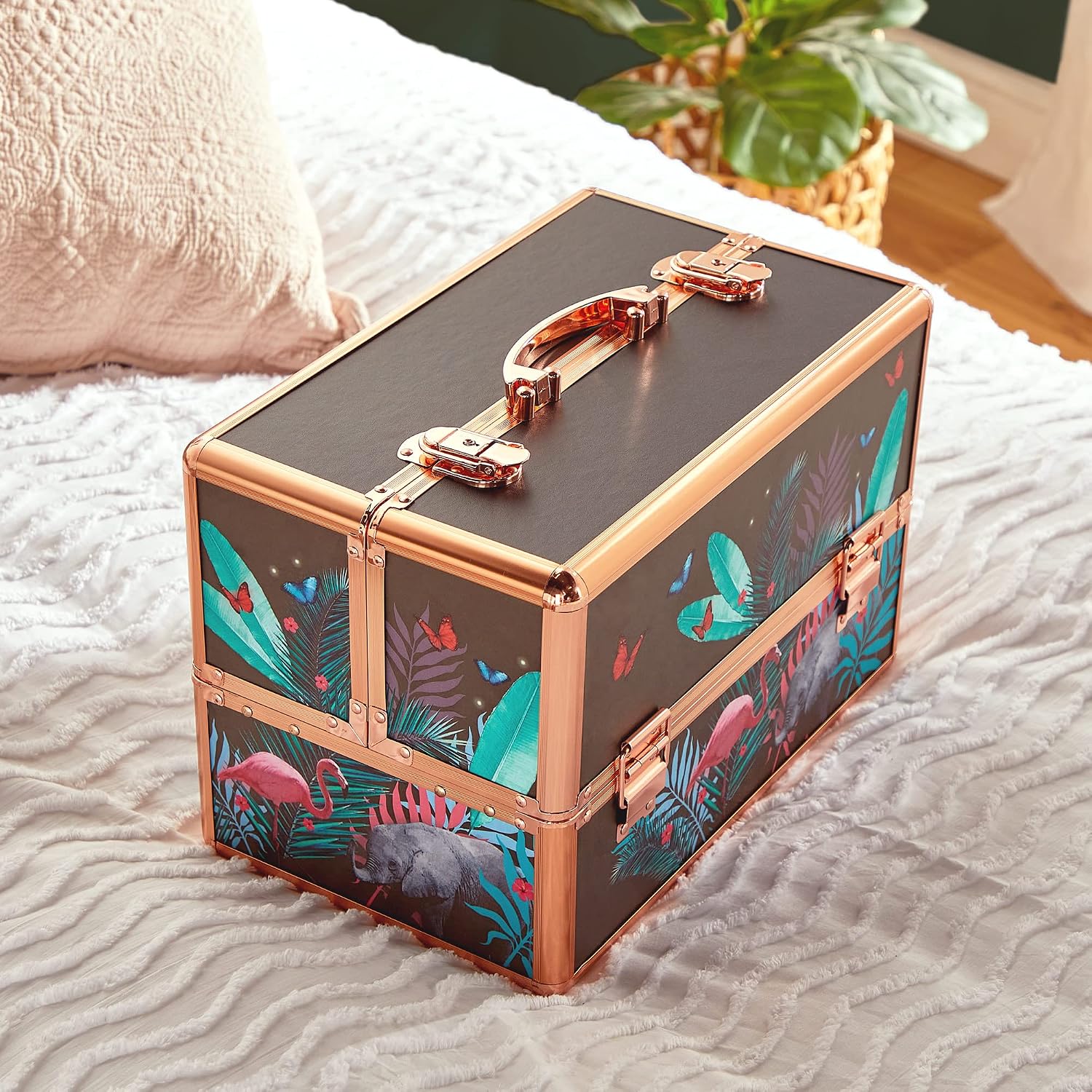 Beautify Large Jungle Professional Makeup Cosmetic Organizer Train Case 14" Lockable Storage Box with Rose Gold Handles