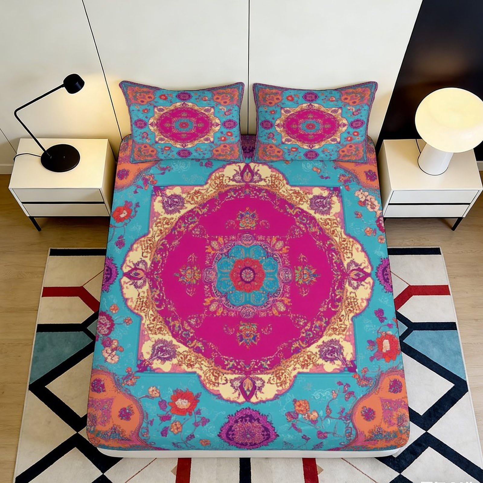 3D Printed Mandala Fitted Sheet Microfiber Turquoise Pink Ethnic Bed Cover for Bedroom Guest Room Decoration Easy Care 90x200x25cm