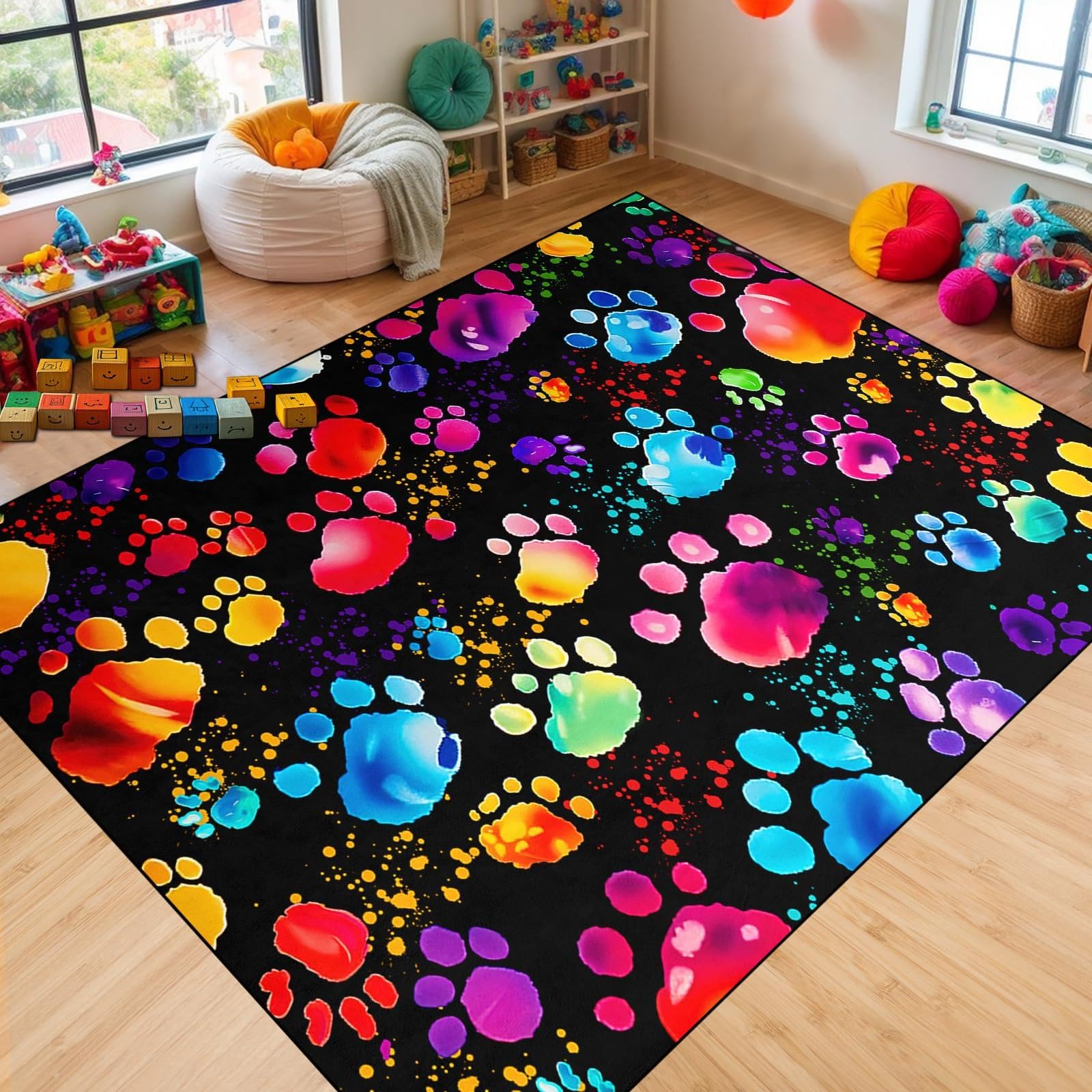 Bycmuoz Cat Paw Print Area Rug, 180x300cm, Cute Dog Cat Rugs for Kids, Colorful Splatter Paint Design Carpet for Home Decor, Thin Shed Resistant Rubber Backed Rugs for Boys Girls Nursery