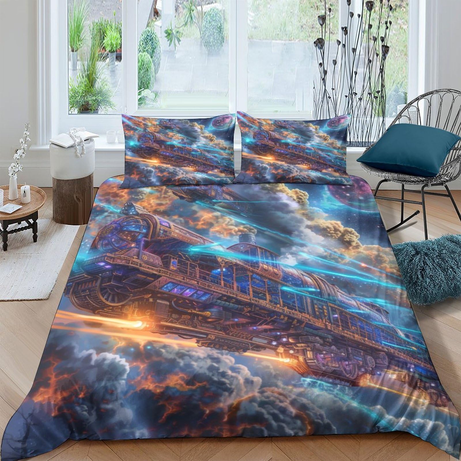 Stampato in 3D treno a vapore Copertina Stampata Microfibra Disegnata Set Di Biancheria Da Letto Ipoallergenico Con 2 Federe,Double（200x200cm）, Per Adolescenti E Adulti