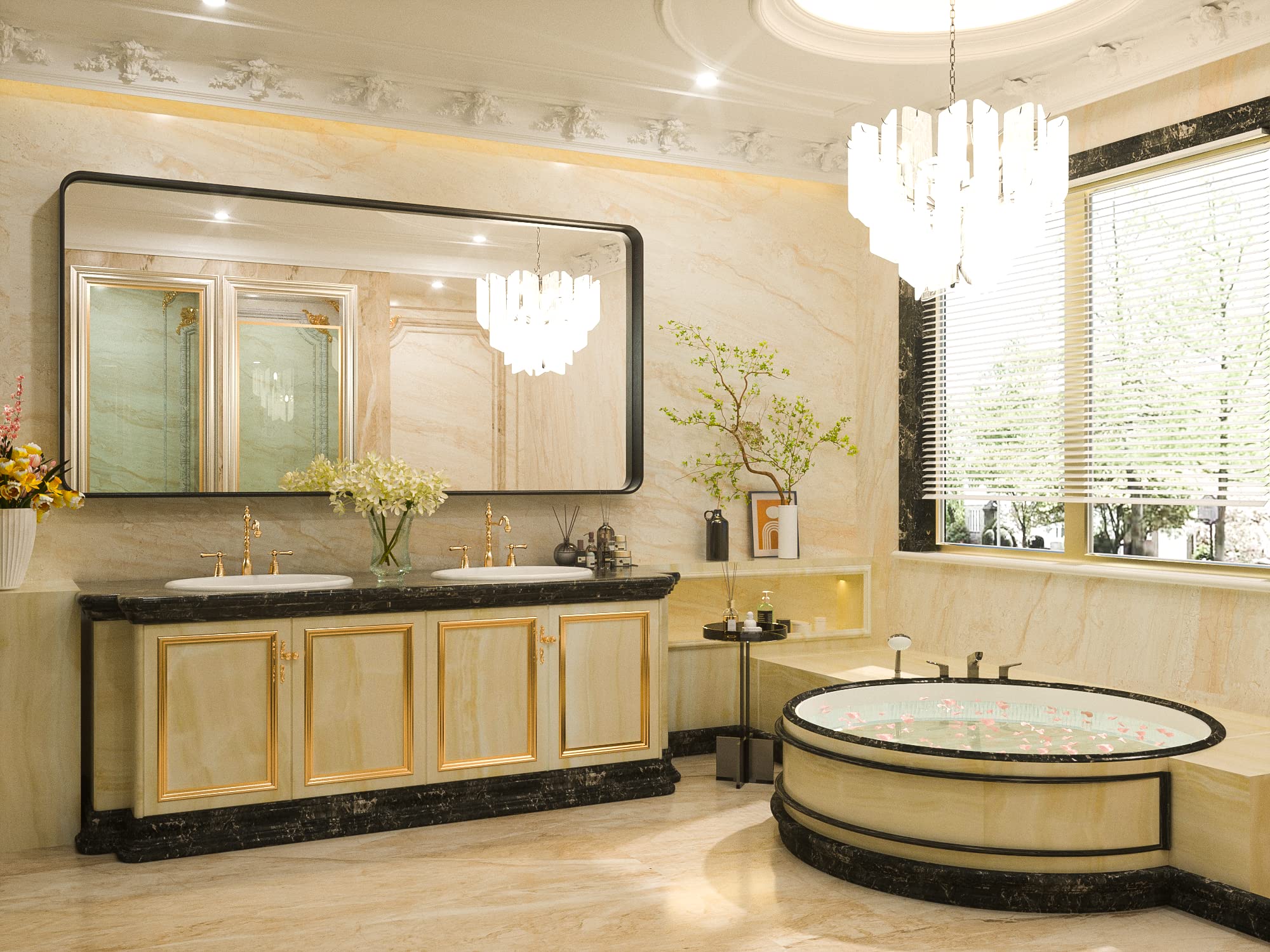 TETOTE 72 x 36 Inch Black Bathroom Mirror, Rectangle Matte Metal Frame Wall Mounted Mirror, Modern Farmhouse Round Corner Large Mirrors for Double Vanity (Horizontal/Vertical)