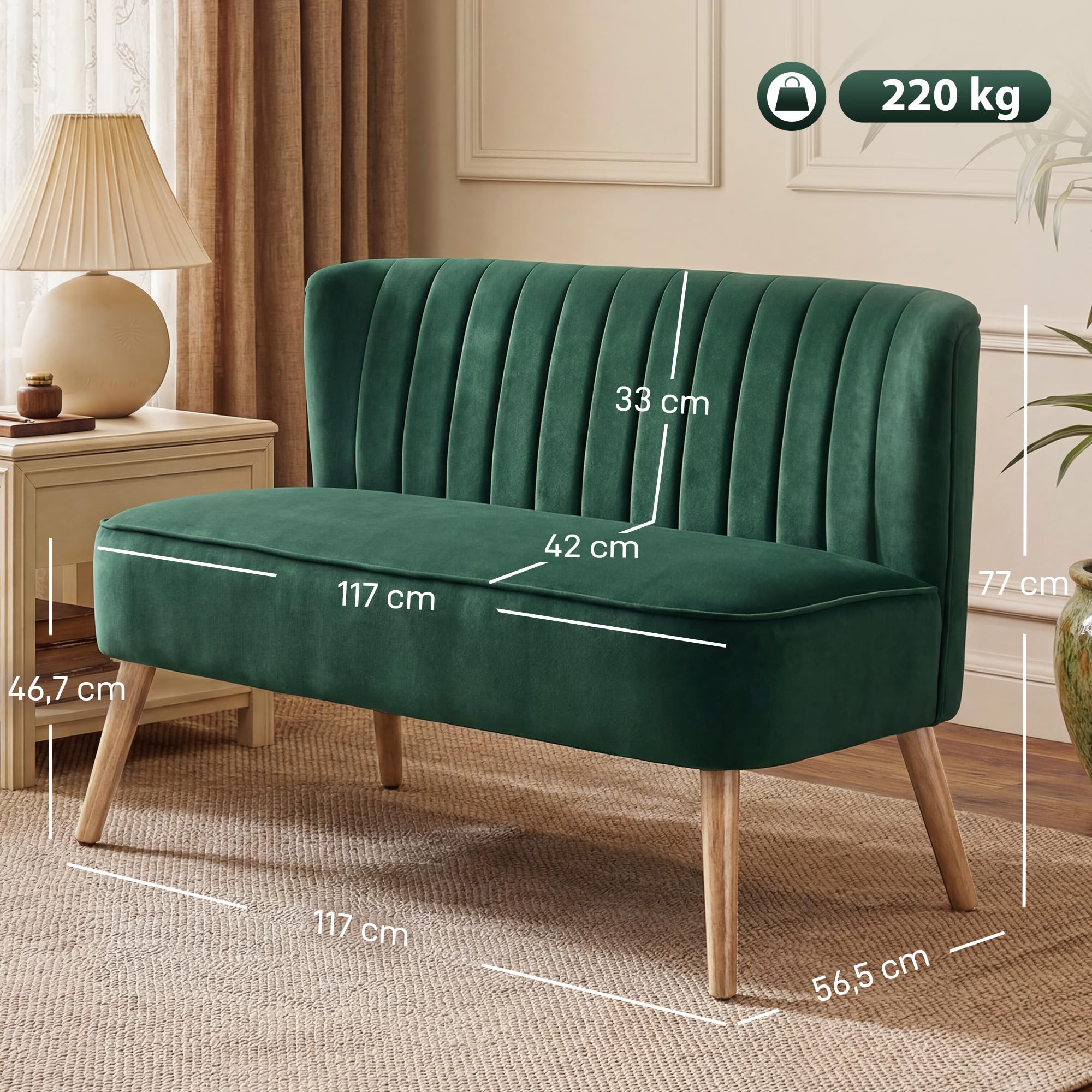 HOMCOM Sofa 2 Sitzer Couch, Kleine Loveseat mit Samt-Optik Modern Polstersofa für Wohnzimmer, Schlafzimmer, kleinen Raum, Dunkelgrün 117 x 56,5 x 77 cm