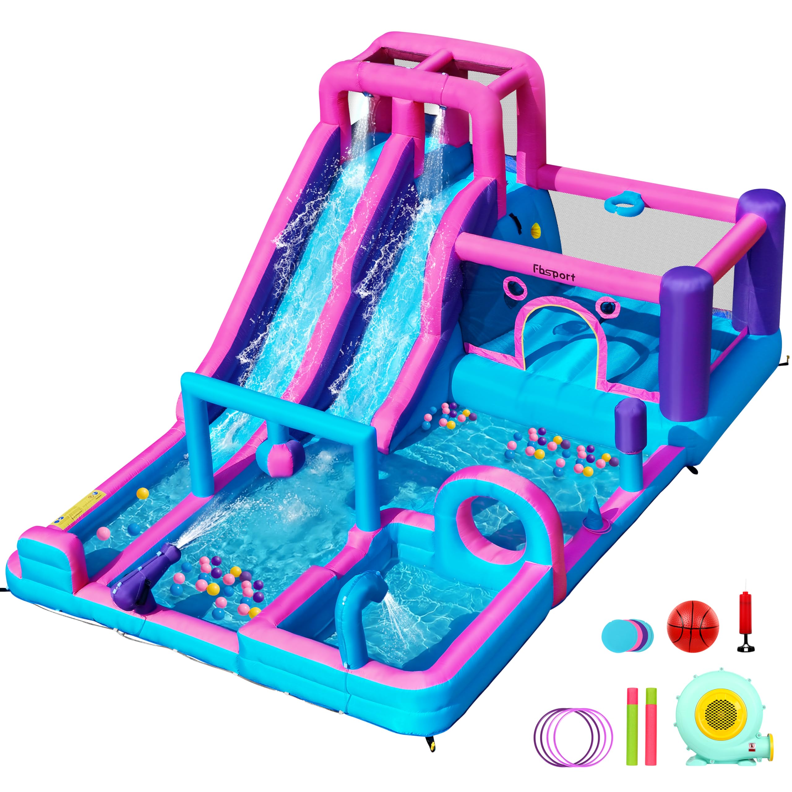 FBSPORT Inflatable Water Slide Bounce House with 750W Blower, Double Water Slide, Jumping, Climbing Wall, Water Gun, Basketball Hoop, Splash Pool,