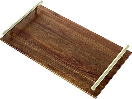 Creekview Home Emporium Bandeja de madera de acacia con asas en oro, bandeja rectangular de madera rústica de 8 x 15 pulgadas