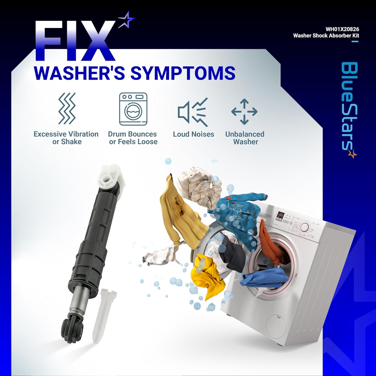 BlueStars WH01X20826 Washer Shock Absorber - For GE, Kenmore Washers GFW450SSM1WW - Replaces WH01X10343 AP4265856 WH01X10385 WH01X10425 AH1482318 EA1482318 WH01X10260 PS1482318 (4 Shocks & 4 Pins)
