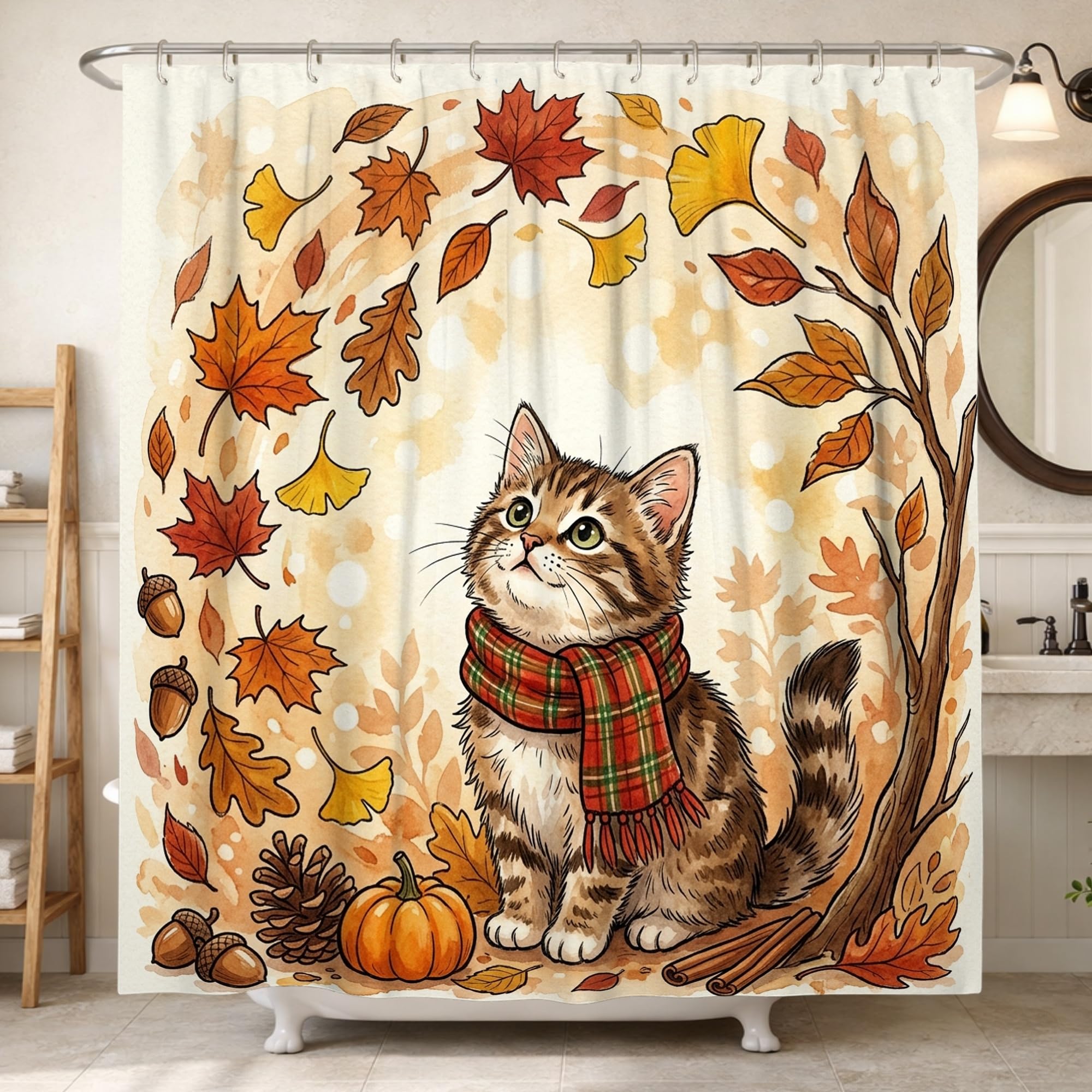 Rideau de douche chat et citrouilles en polyester imperméable 183x213 cm