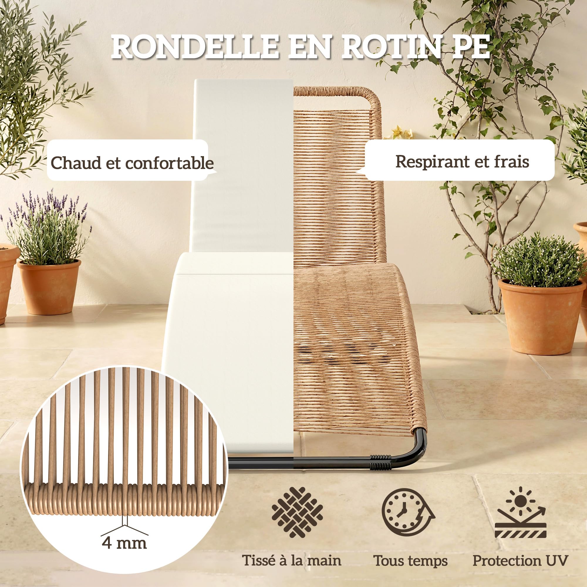 Outsunny Bain de Soleil Résine Tressée Ø4mm Courbe Naturelle Coussin Crème