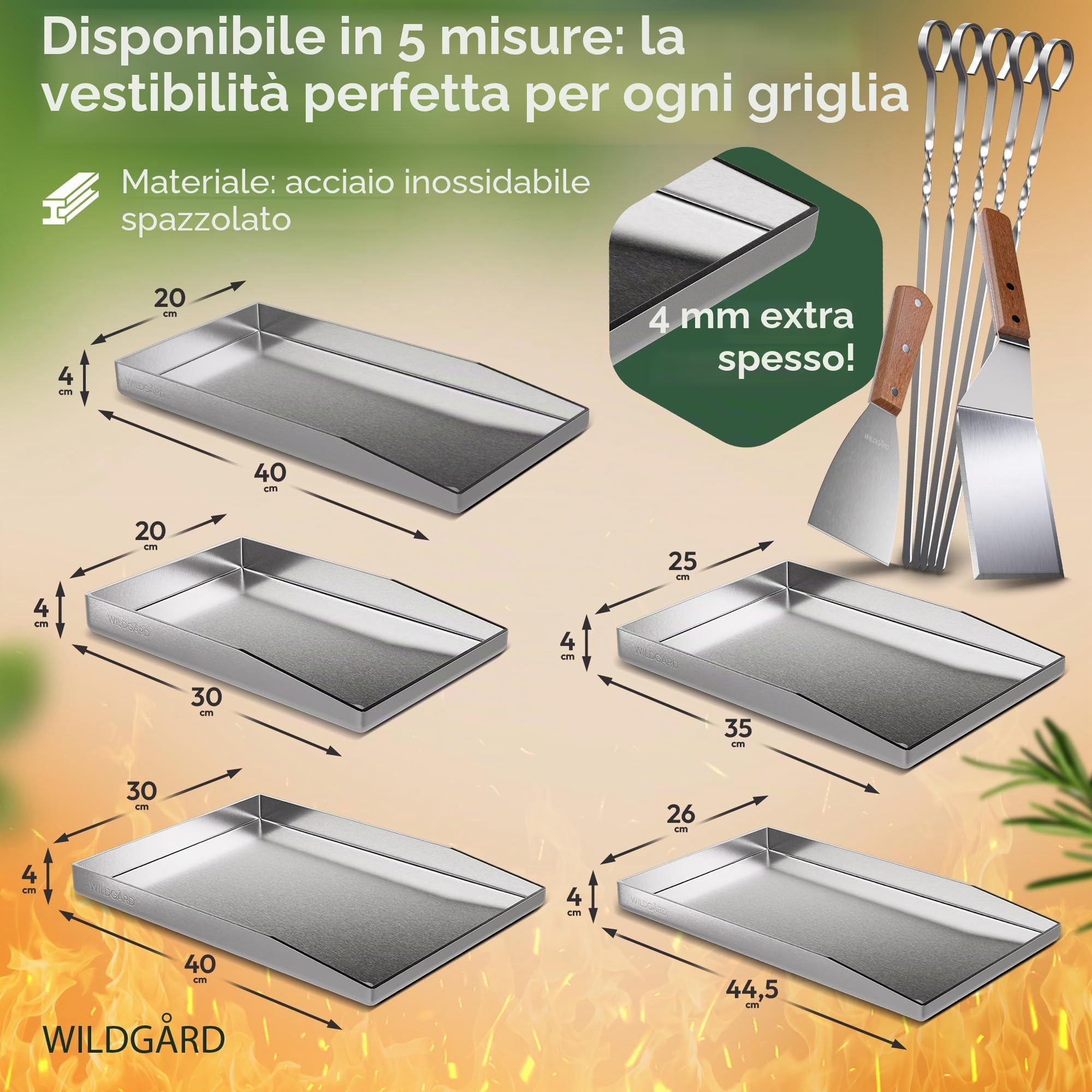 piastra per grigliare plancha in acciaio spesso e inossidabile - 40 x 30 cm - adatta per barbecue a gas e carbonella + 2x spatola per grigliare e 5x spiedini
