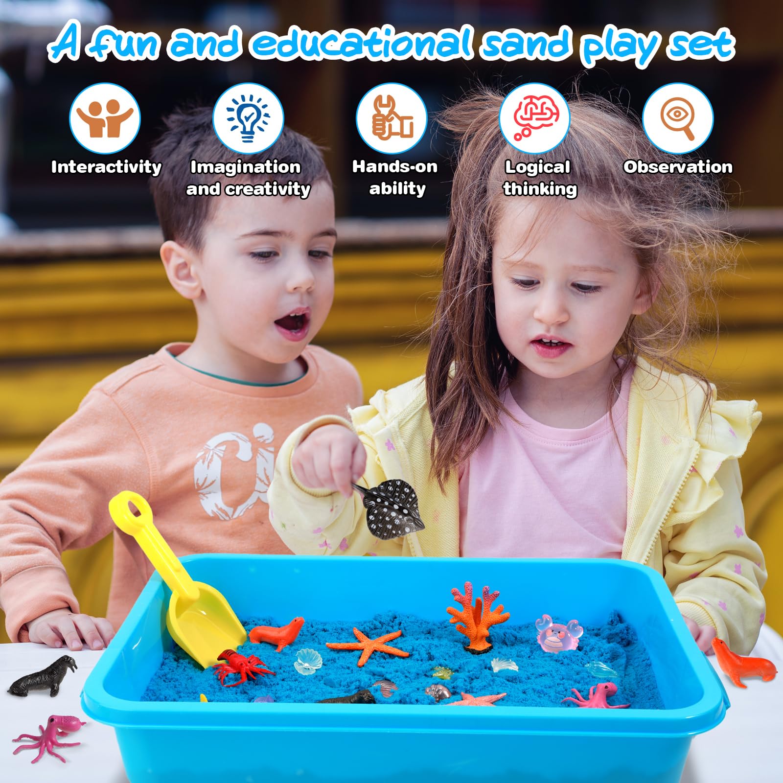 twoonto Spielsandkunst Set, Ozean Sensorikbehälter mit 1,5 kg Farbsand Sandkasten Sensorikspielzeug Meerestierformen, Burgformen für Mädchen und Jungen im Alter von 3 4 5 6 7 8 9 Jahren