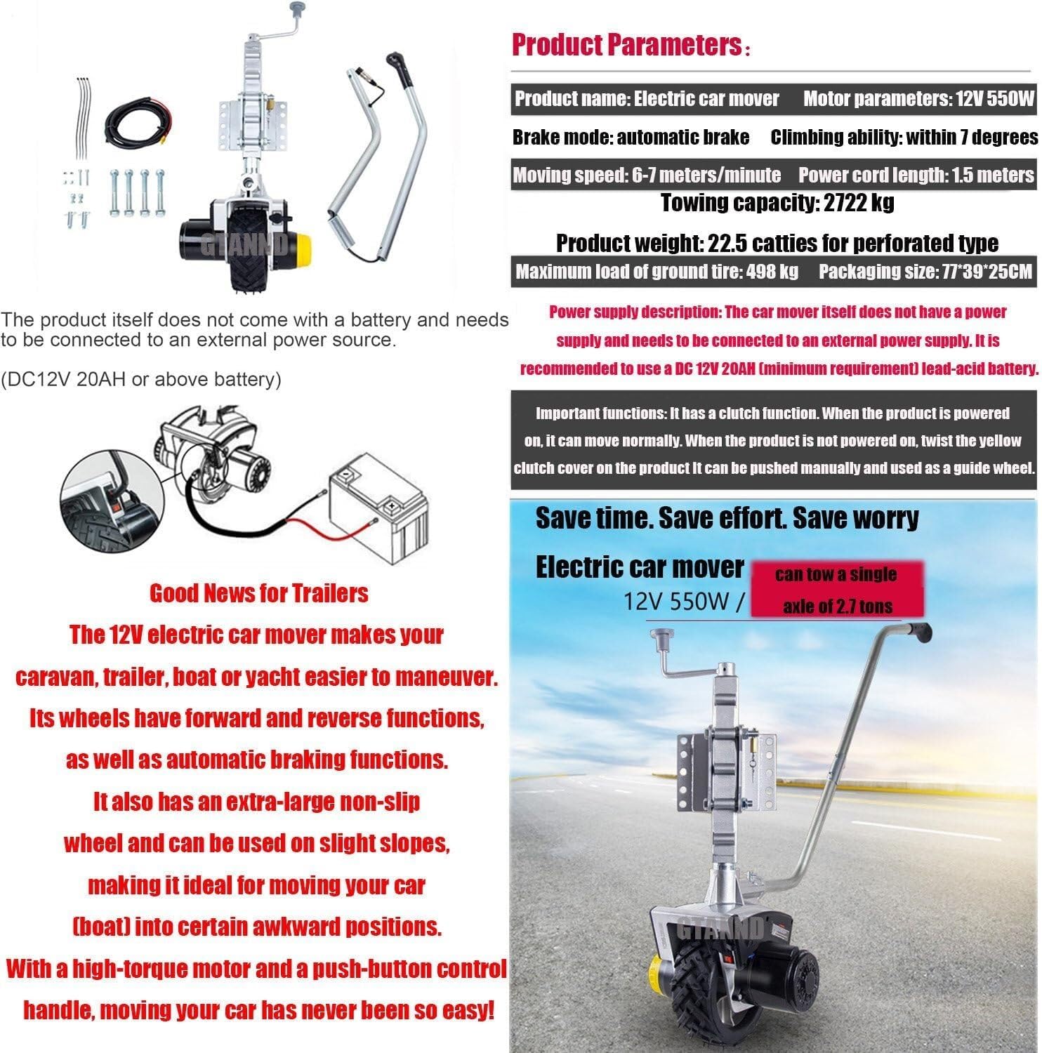 Powered Trailer Dolly Jack,Electric Mobile Trailer Tool,6000lbs Towing Capacity Trailer Dolly,Moving Speed: 6-7 M/Min 12v 550w