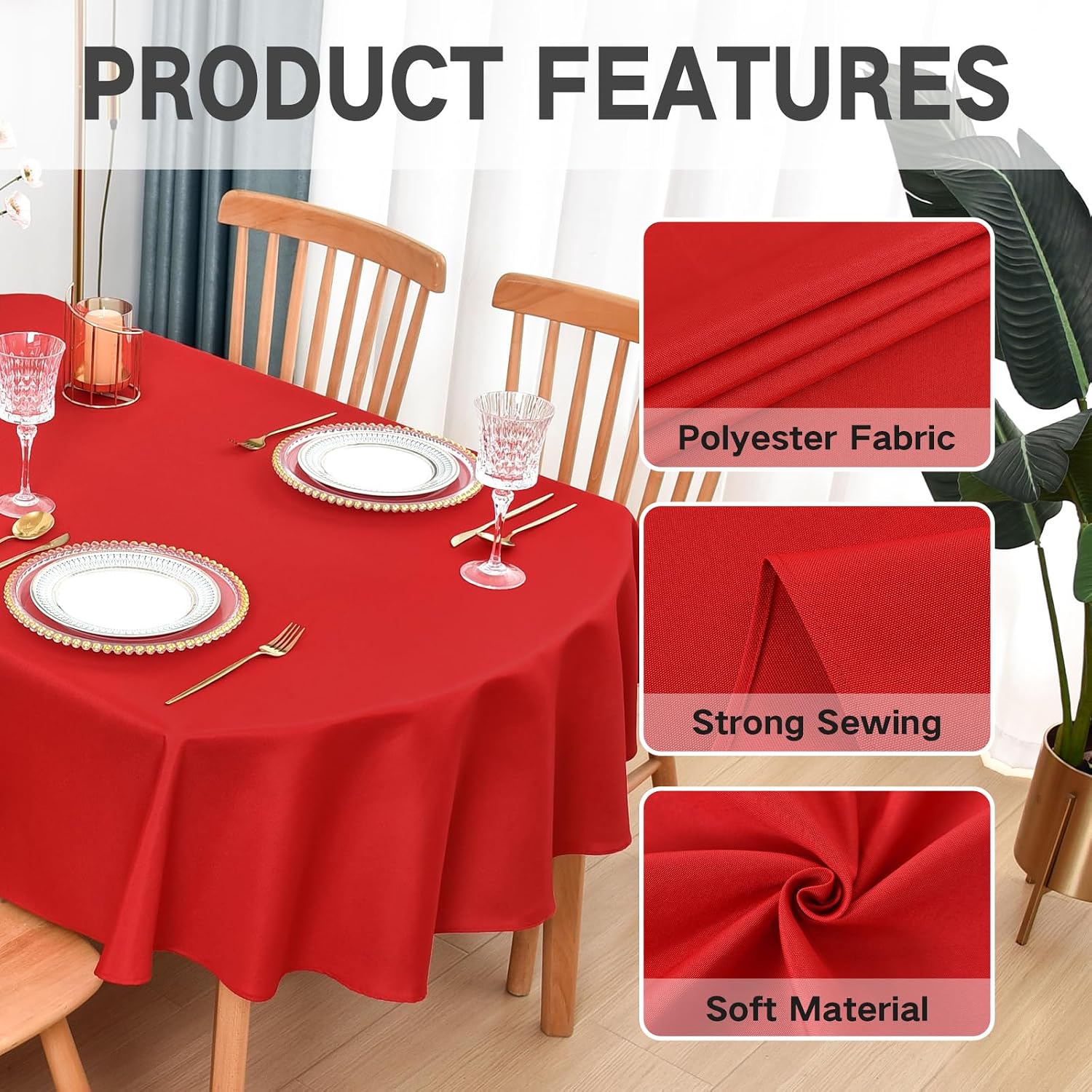 Oval Tablecloth 60 x 84 in Polyester Fabric Tablecloths, Red image 4