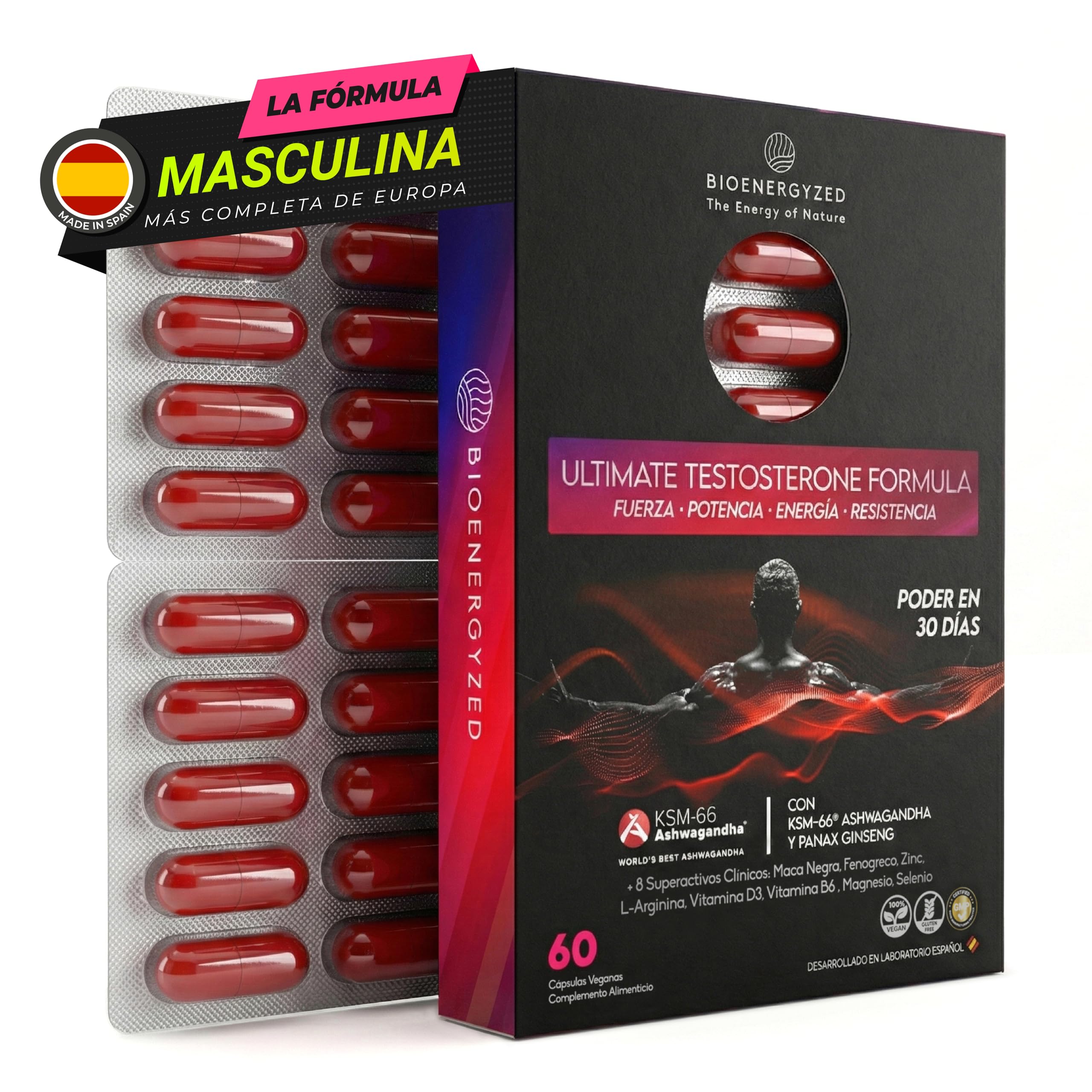 Testosterona Hombre con Maca Negra 10:1 2300 mg – Fabricado 100% en España - Ashwagandha KSM-66®, Ginseng y Zinc – Testosterona Natural Pura, Energía, Rendimiento y Fuerza