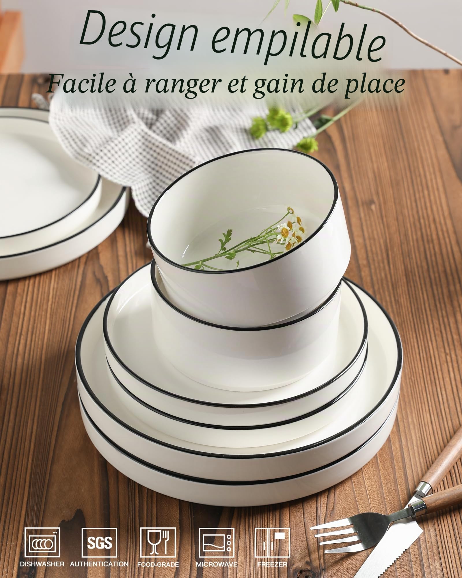Sweejar Home Service de table 12 pièces en porcelaine pour 4 personnes avec assiettes et bols en céramique - Classique et moderne - Passe au lave-vaisselle et au micro-ondes (bord blanc/noir)